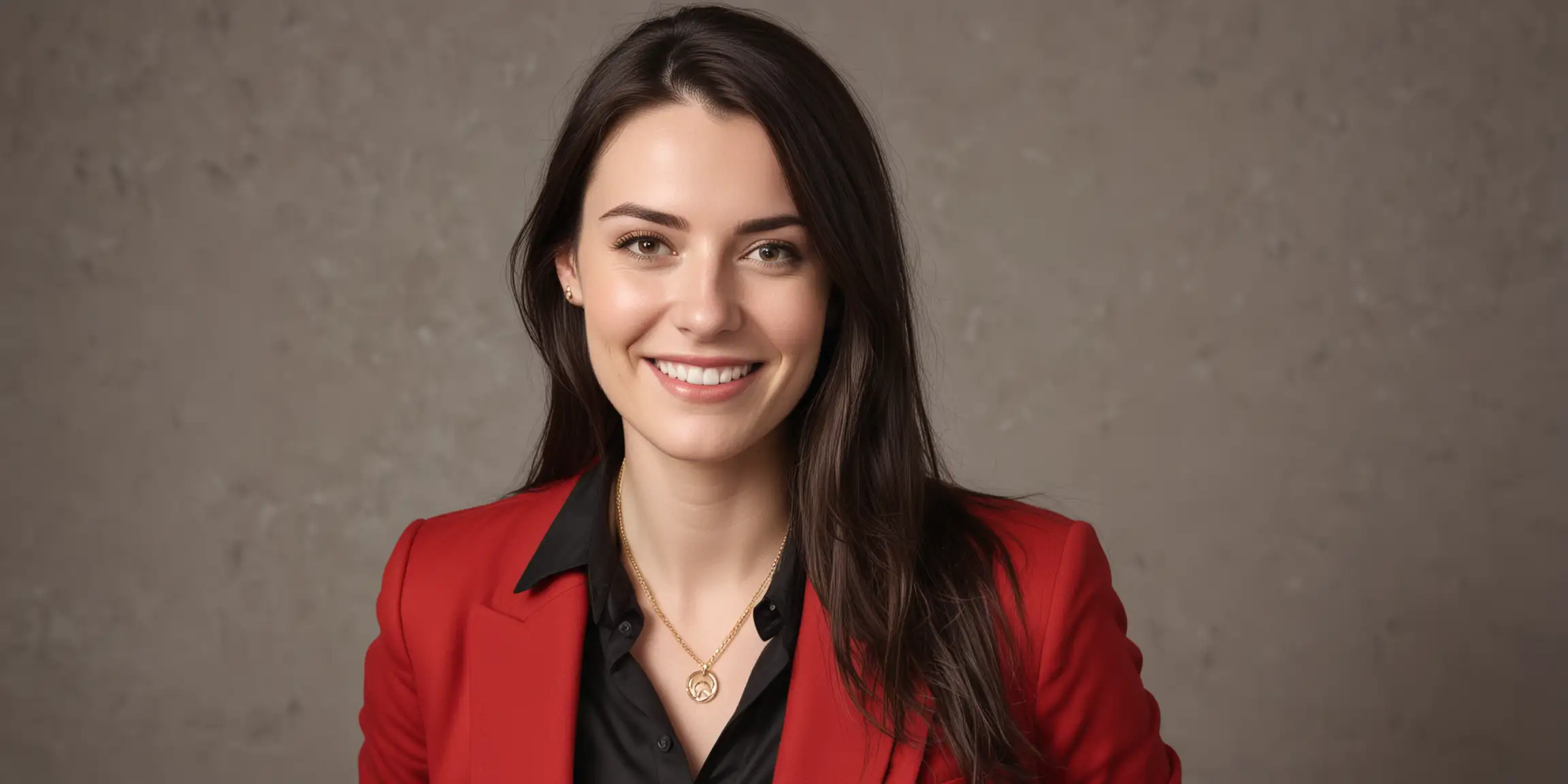 30 year old pale white woman with long dark brown hair, wearing a buttoned up red blazer, simple gold necklace, plain black shirt and black dress pants. She is smiling at camera with eyebrows raised. She might be of Danish or German descent.