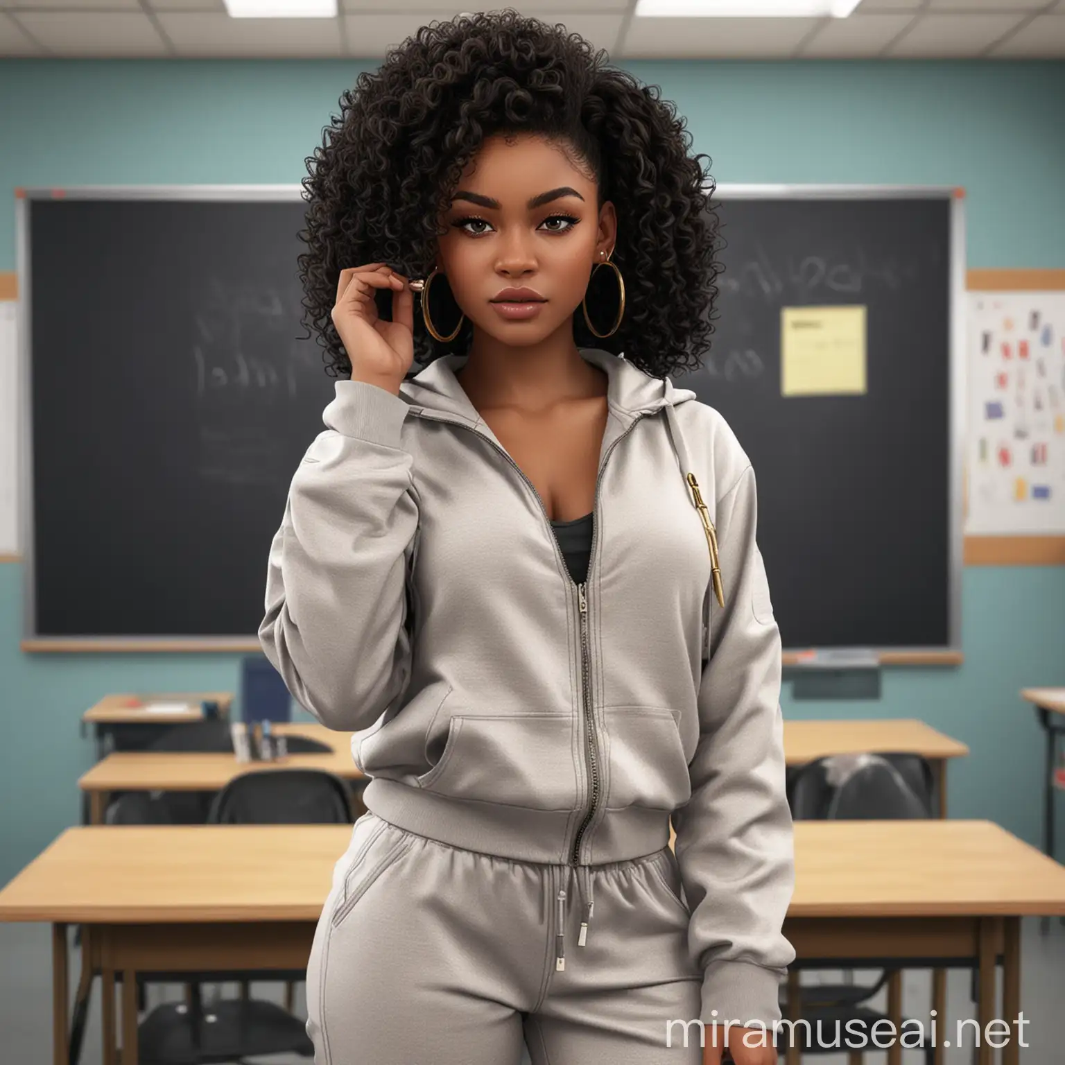 Create a hyper-realistic African woman, give her long black curls, baby hairs, long lashes, long nails with polish, gold hoop earrings and stylish accessories at the front of the classroom presenting background. Dress her confidently in a stylish tracksuit