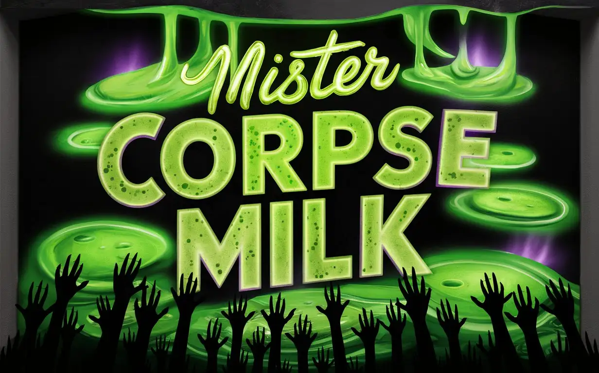 mural style. Long banner style "Mister" "Corpse" "Milk" Neon Green text with glowing neon purple highlights. Bright green glowing liquid behind the sign. Shadows of many black hands reaching up from the bottom of image