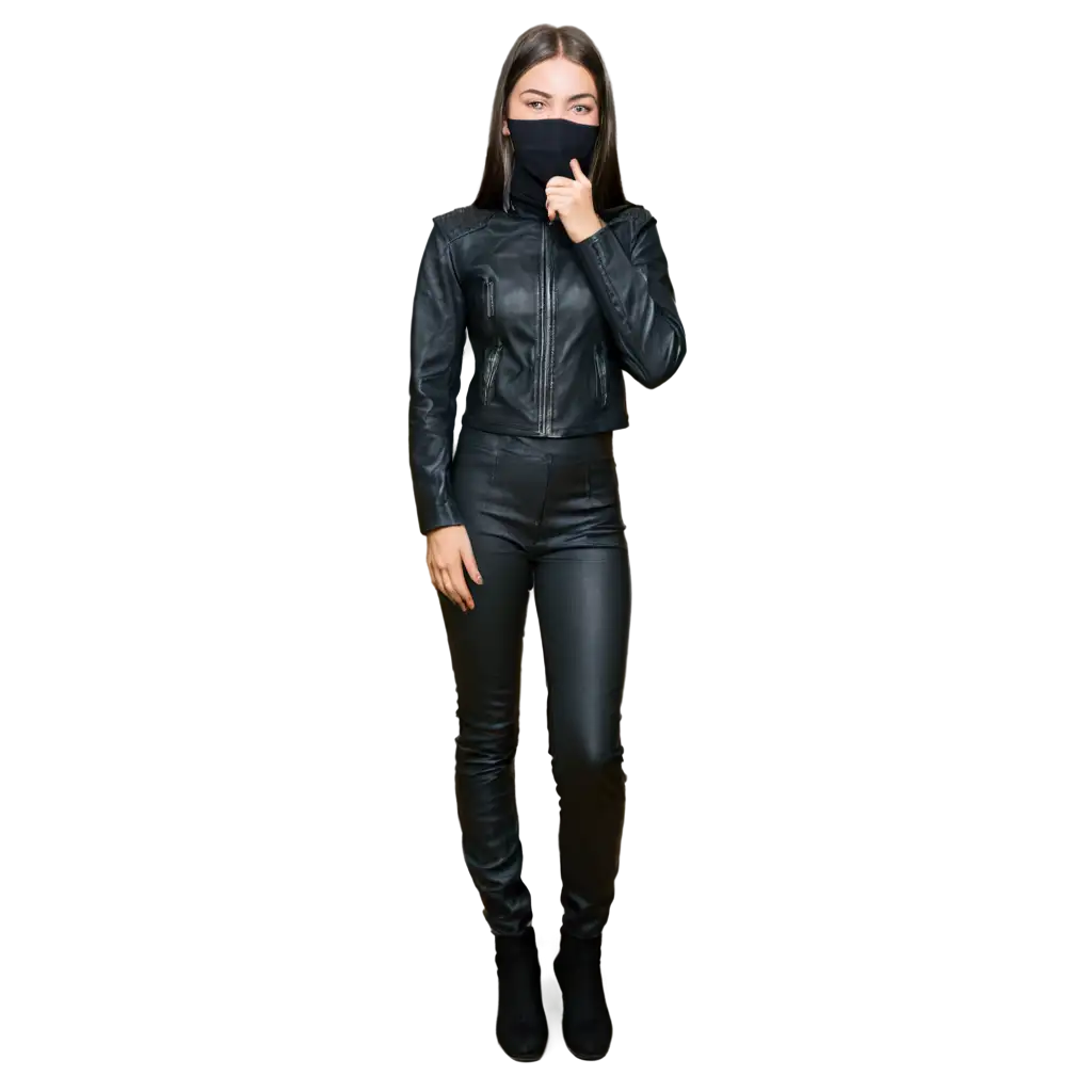 Girl in LeatherJacket and leather Pants and wearing Balaclava