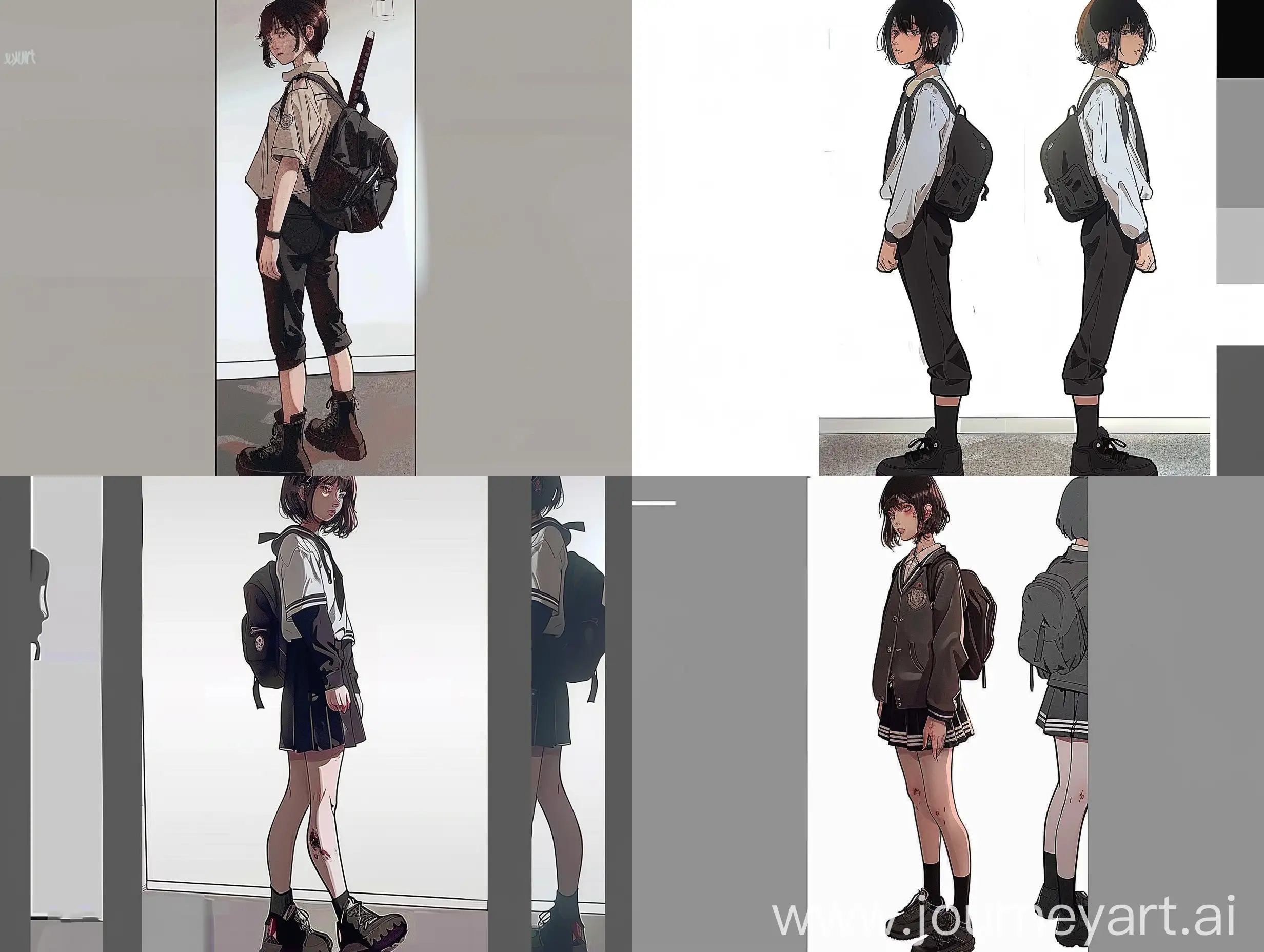 Japanese high school student in school uniform, horror anime character, 2d style, side view, full length, in trousers, concept art in color