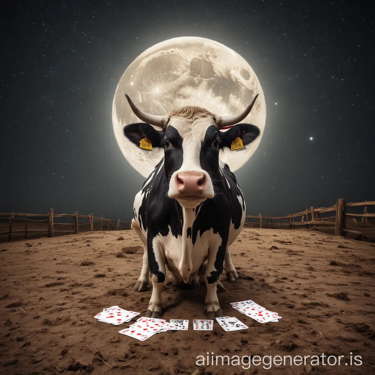 a cow playing cards in the moon