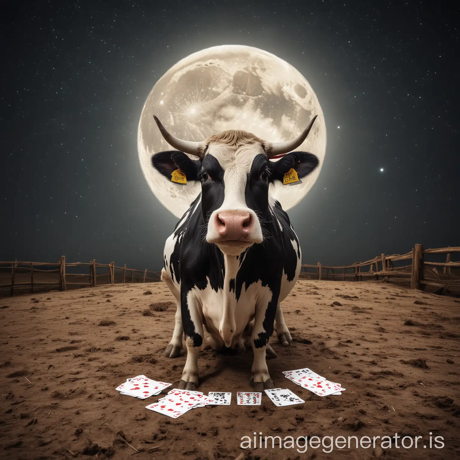 a cow playing cards in the moon
