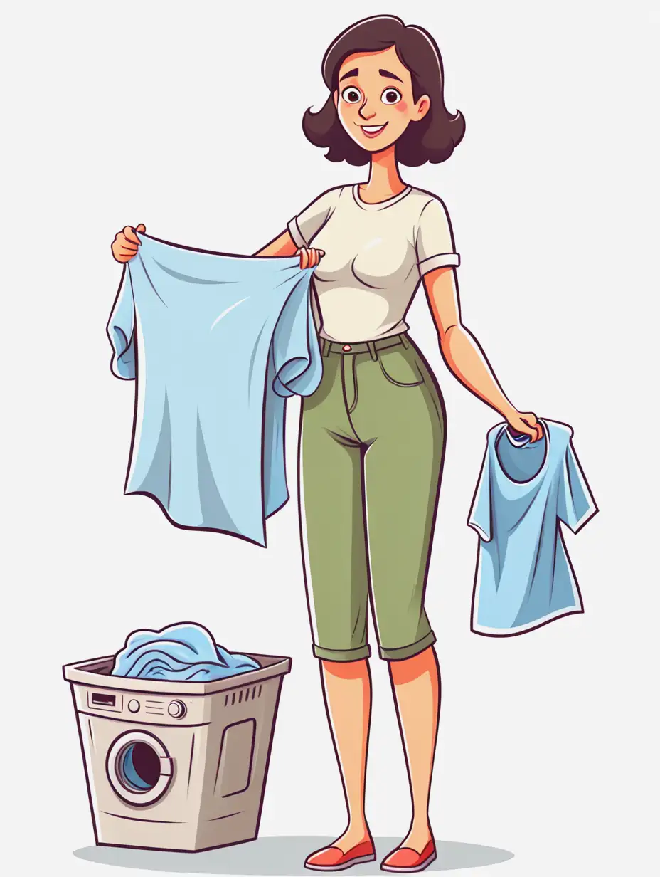Cheerful Woman Standing with Laundry in Vibrant Cartoon Style