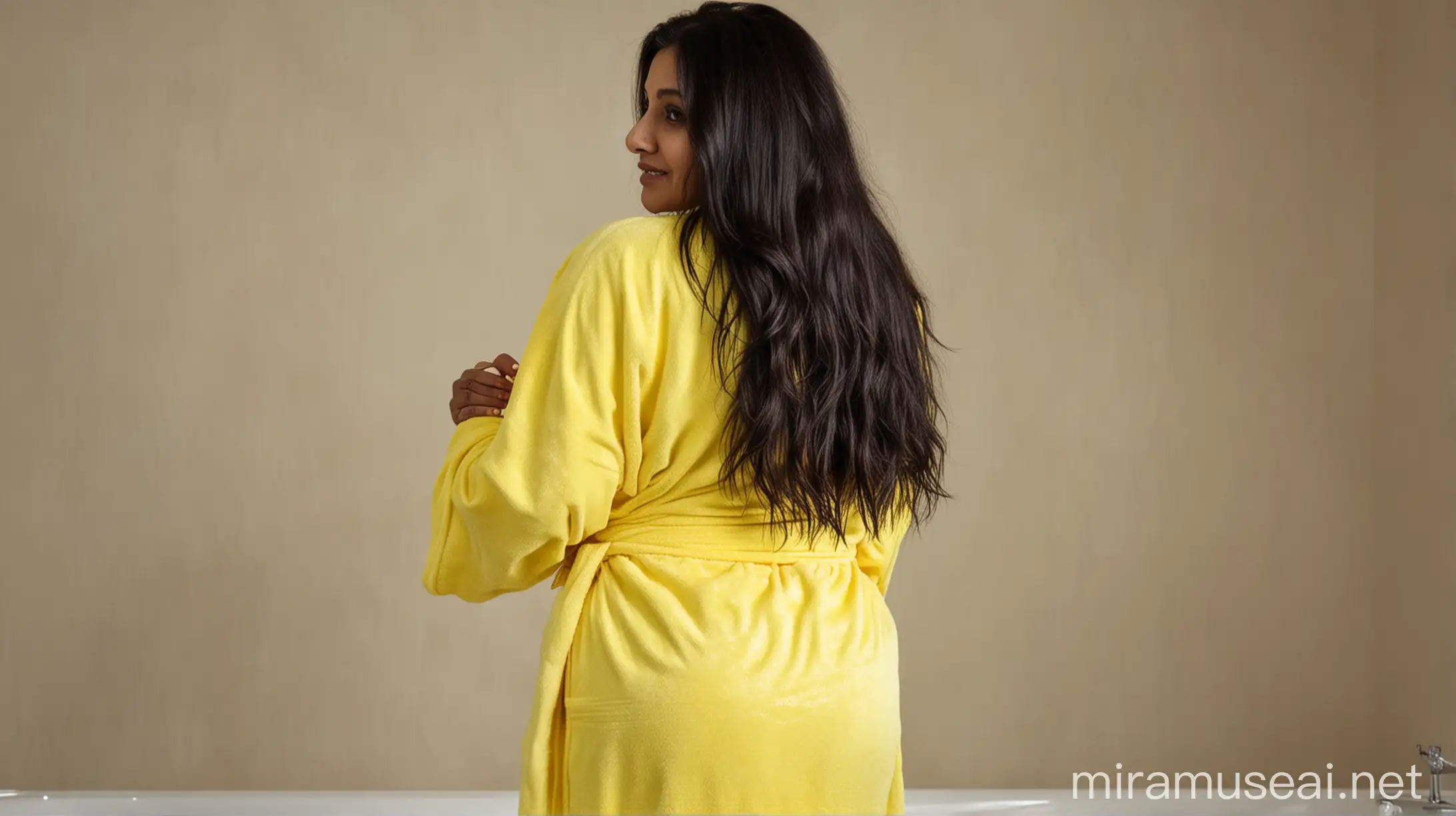 a mature  indian woman  backside , with curvy figure , long dense hair, wearing a wet neon yellow  bath robe , 