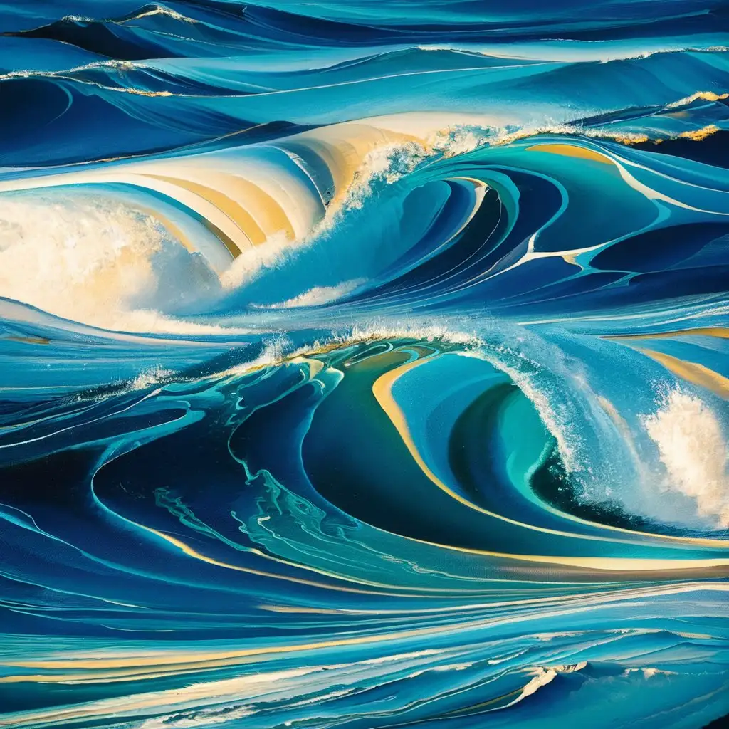 An abstract illustration depicting the dynamic movement of ocean waves. The artwork is rendered in a vibrant color palette dominated by various shades of blue, representing the water, and accents of light beige, indicating the sunlight reflecting on the waves. The composition is fluid and energetic, with sweeping, curving lines that mimic the natural flow of the sea. The waves are illustrated with a mix of broad, bold strokes and finer, delicate lines, creating a sense of depth and motion. Lighter shades of blue and beige highlight the crests and edges of the waves, adding to the overall sense of movement and the play of light on the water's surface. The abstract nature of the piece evokes a feeling of calmness and the endless rhythm of the ocean. The background seamlessly blends with the waves, giving the impression of an expansive and continuous sea.