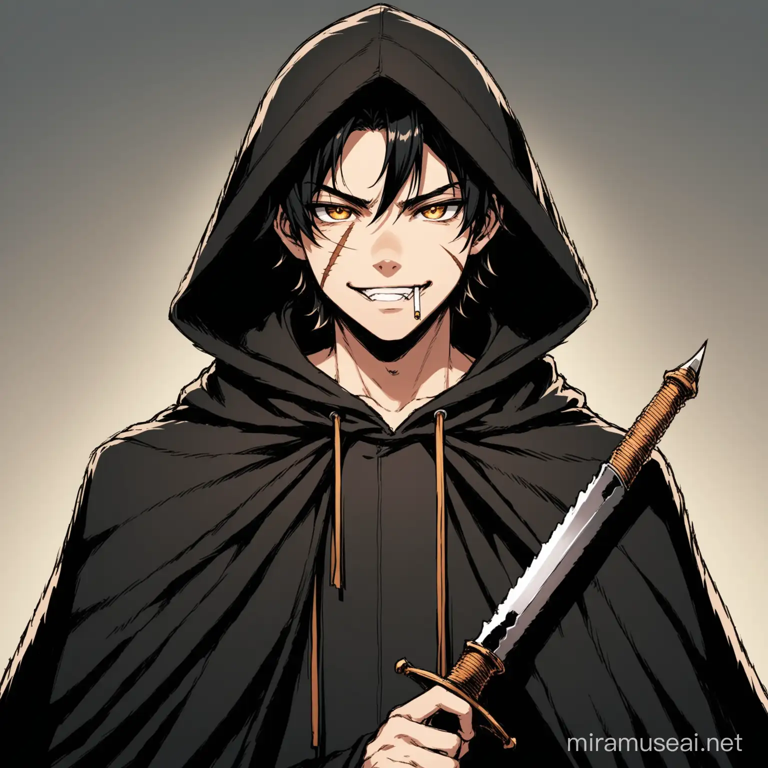 Teenagers male, fair skin and black hair, deep eyes, wears a black cape similar to a hooded coat, wears rogue clothes, has a cigarette in his mouth and a scar on his eye, has honey brown eyes, his face has a sarcastic expression smile, holds two black daggers