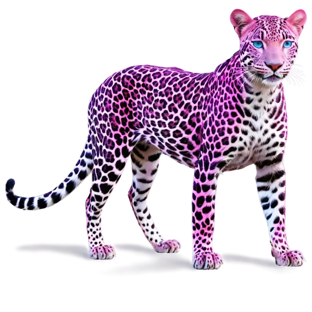pink leopard with purple spots and blue eyes and 4 legs without a shadow on a transparent background