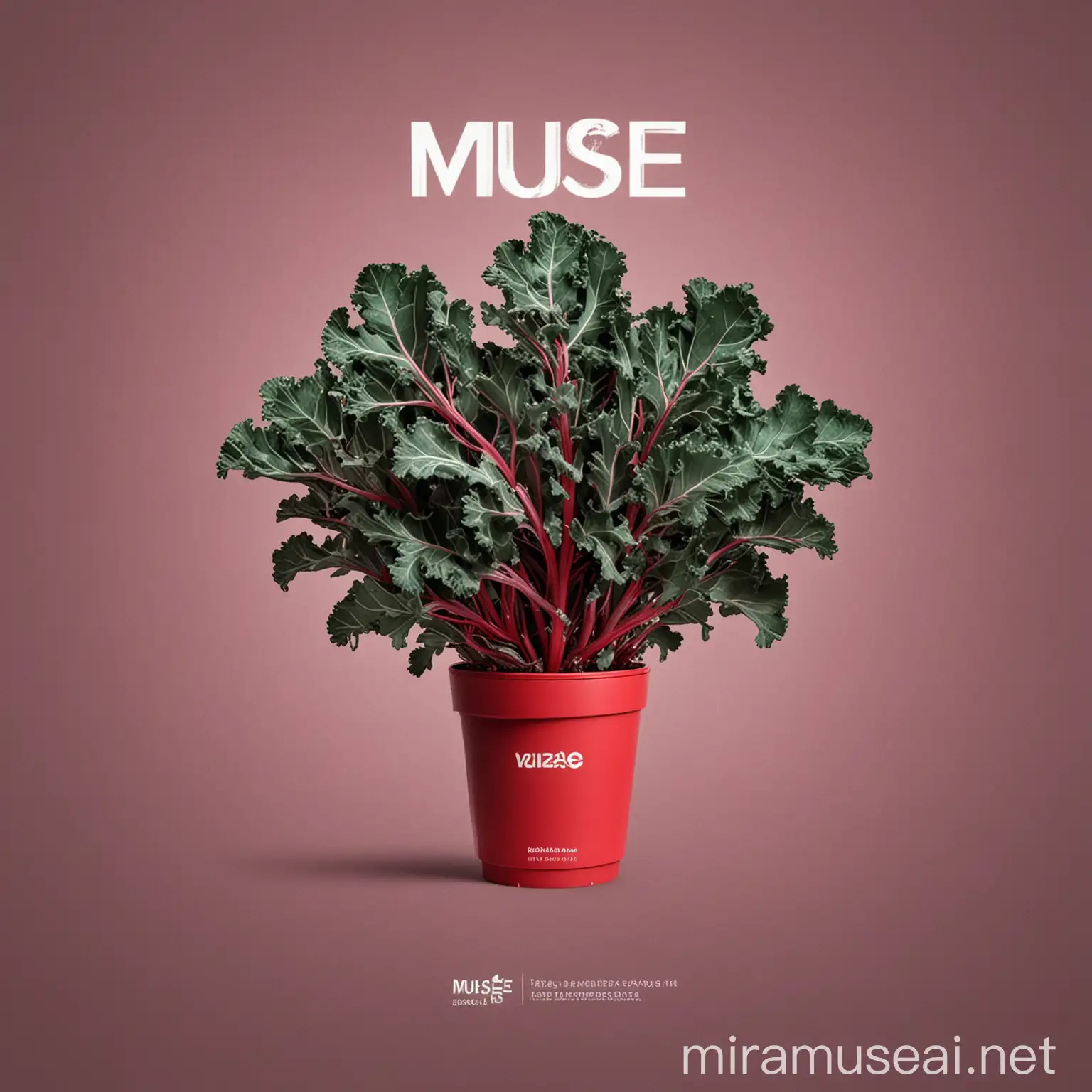 Eres un diseñador gráfico y fuiste contratado para hacer un cartel publicitario de una planta. Diseña e imagina una imagen que sirva como elemento principal de un póster publicitario de la planta kale rojo. La imagen debe ser creativa, resaltar la planta y tener una combinación de color acordes a los colores de la planta. Debe estar orientado a promover el consumo de la planta, su público objetivo serán los jóvenes y niños, además puede incluir elementos como personas, modelos o personajes famosos. Finalmente plasma tu idea de imagen en un prompt para que muse ai la genere