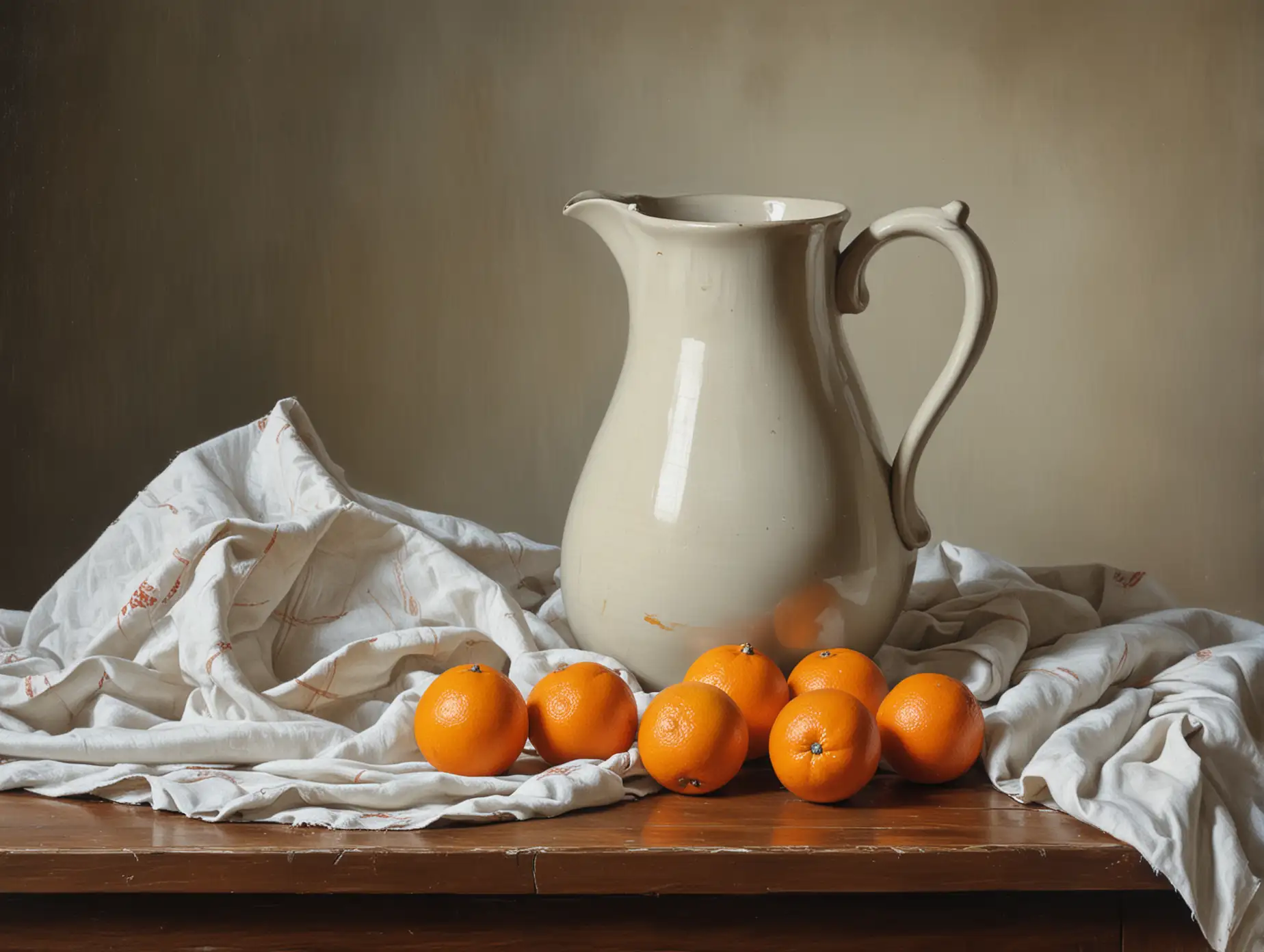 A STILL LIFE PAINTING OF A PITCHER, SITTING ON A TABLE, COVERED WITH A CLOTH. AND ORANGES