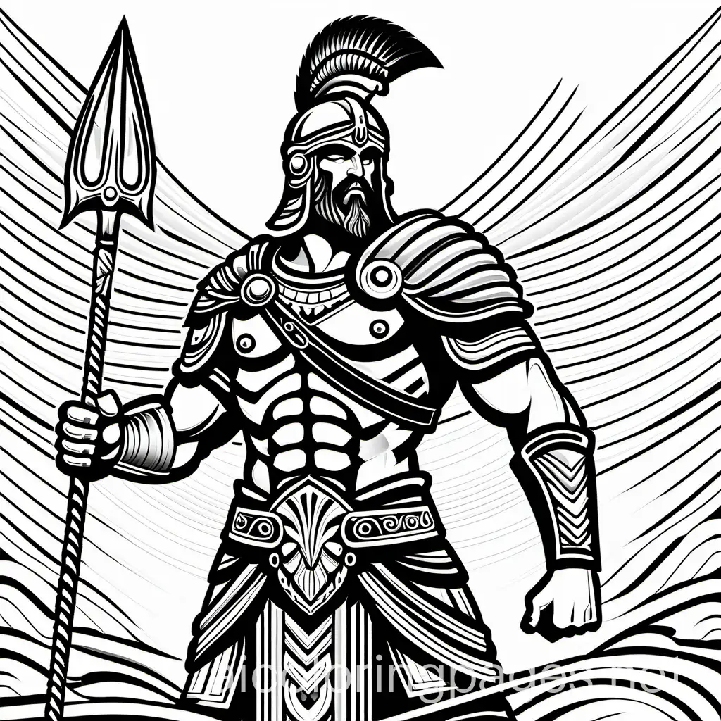 Ares Greek God of war, Coloring Page, black and white, line art, white background, Simplicity, Ample White Space. The background of the coloring page is plain white to make it easy for young children to color within the lines. The outlines of all the subjects are easy to distinguish, making it simple for kids to color without too much difficulty