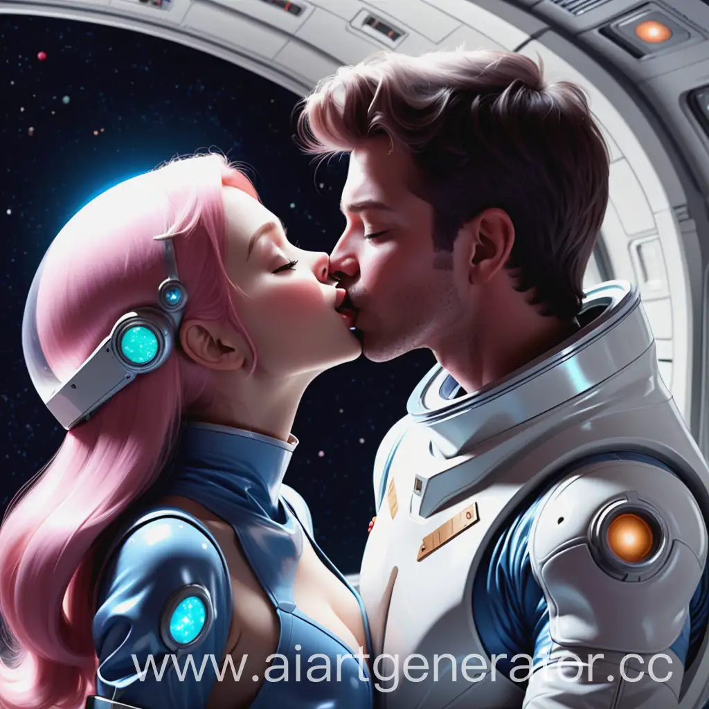 Космическая девушка в будущем целуется с парнем