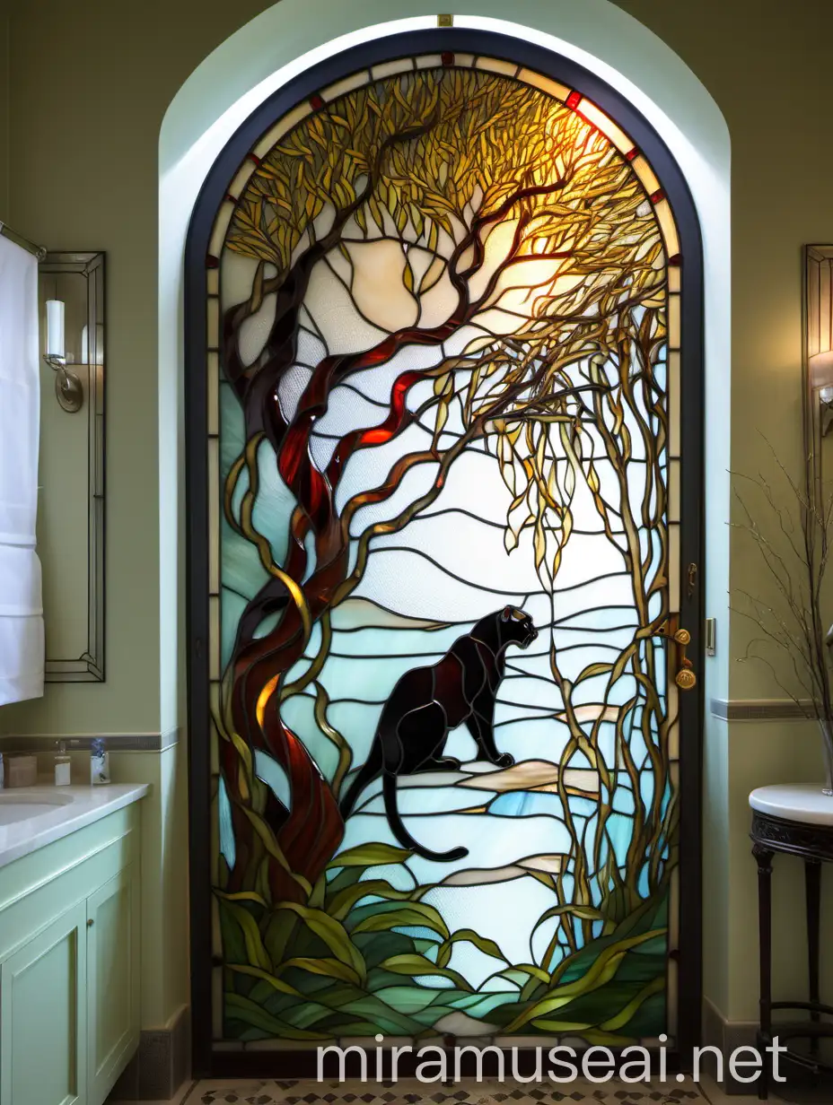 витражная дверь тиффани в ванной комнате, в стиле ар нуво, пантера сидит под деревом ивы
