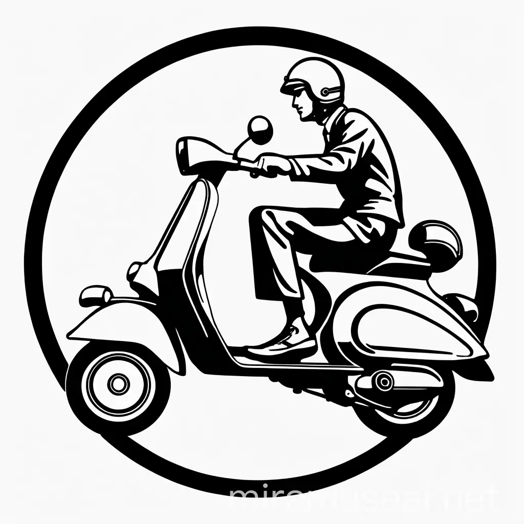 black and white stylized logo of a man riding piaggio vespa seen from its side