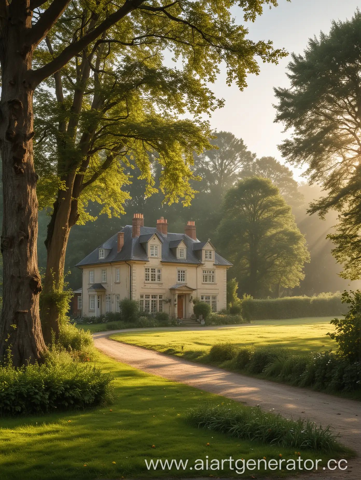 Tranquil-Morning-Scene-Small-Country-House-Estate-Bathed-in-Sunshine