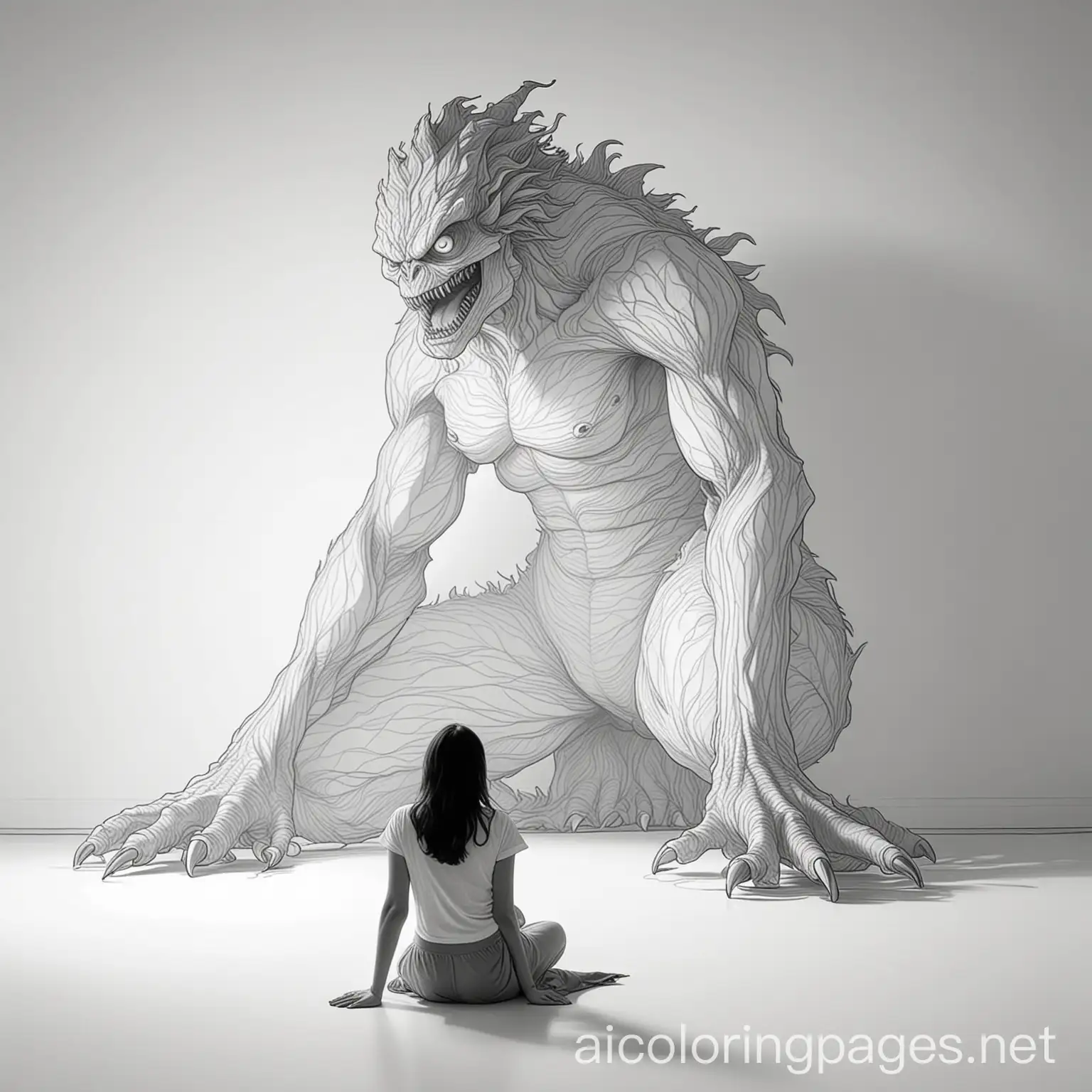 a women sitting on the floor with a large looming monster shadow behind her
, Coloring Page, black and white, line art, white background, Simplicity, Ample White Space. The background of the coloring page is plain white to make it easy for young children to color within the lines. The outlines of all the subjects are easy to distinguish, making it simple for kids to color without too much difficulty