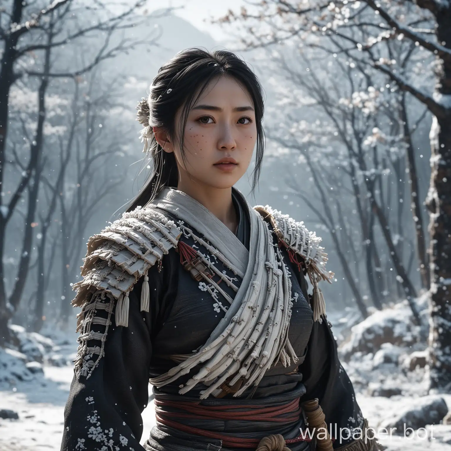 ghost of tsushima. young Japanese female version. full body view. porcelain skin. 8k texture. HDR lighting. large bust. winter theme and snow petal in background. cinema effect.