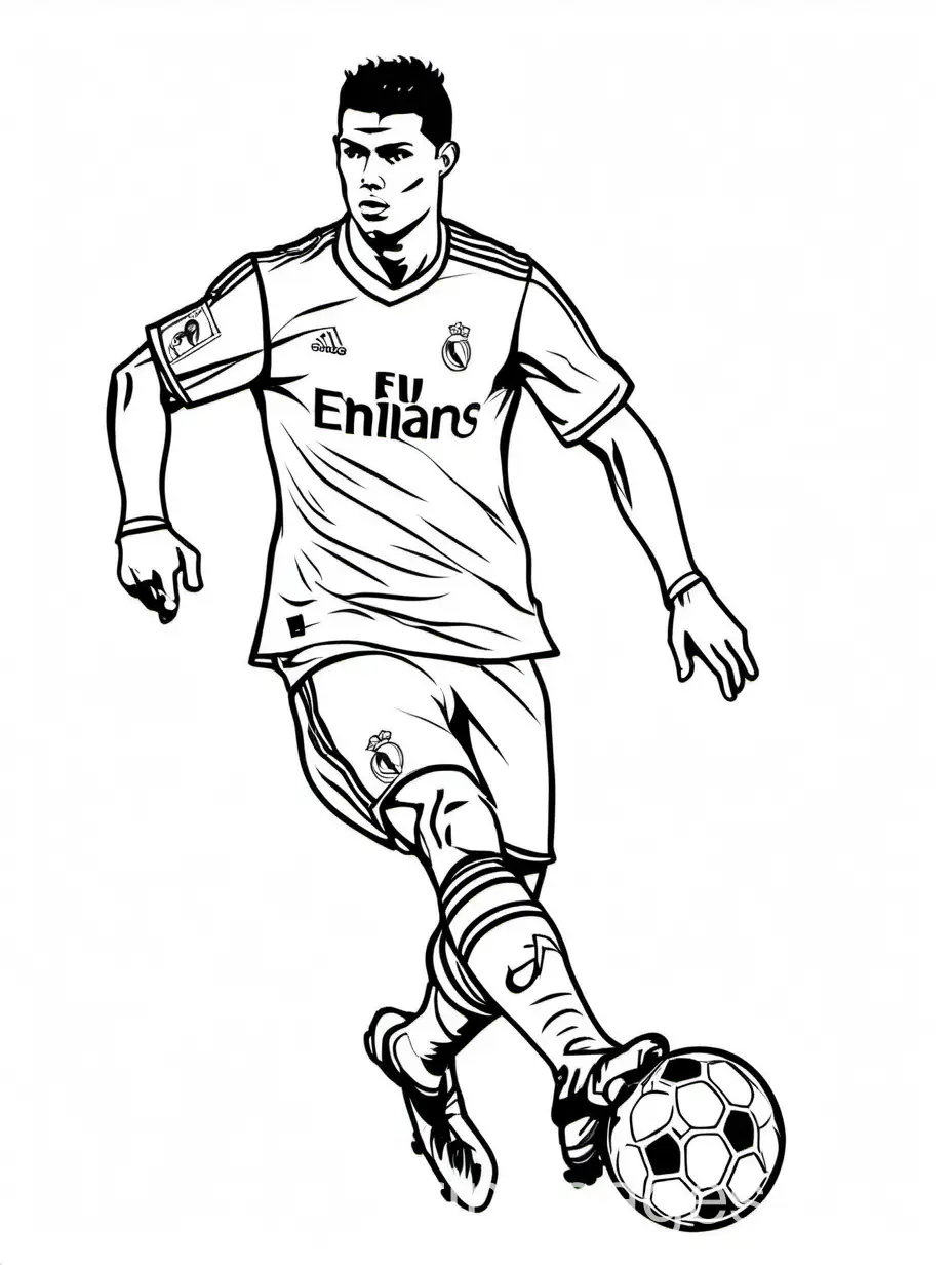 Ronaldo football, Coloring Page, black and white, line art, white background, Simplicity, Ample White Space. The background of the coloring page is plain white to make it easy for young children to color within the lines. The outlines of all the subjects are easy to distinguish, making it simple for kids to color without too much difficulty