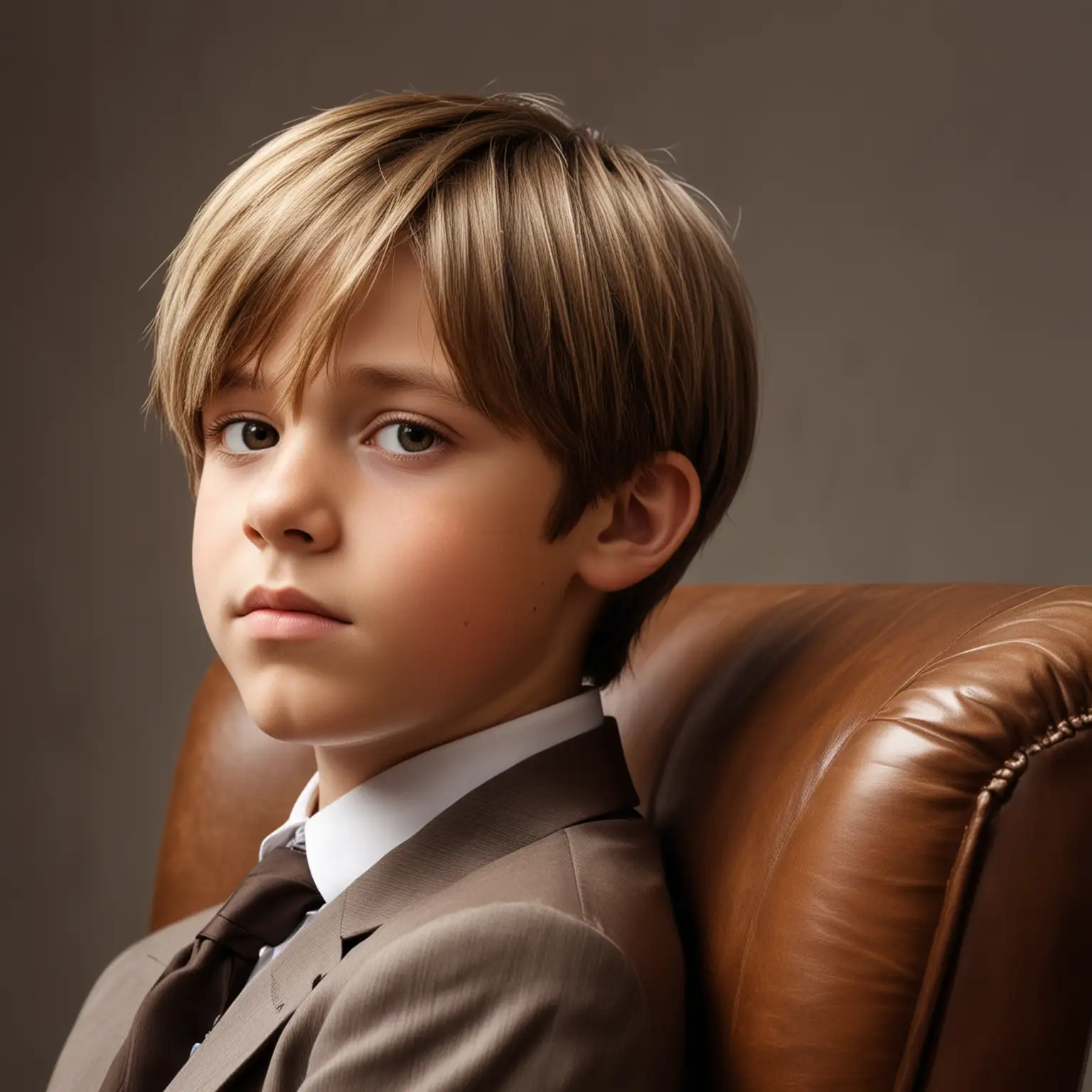 Hyper realistic photo of twelve  year old boy, close up smooth, neatly combed, straight, flat, shiny light brown, with highlights, collar length hair, parted on side, resting in chair bright light overhead, profile view 