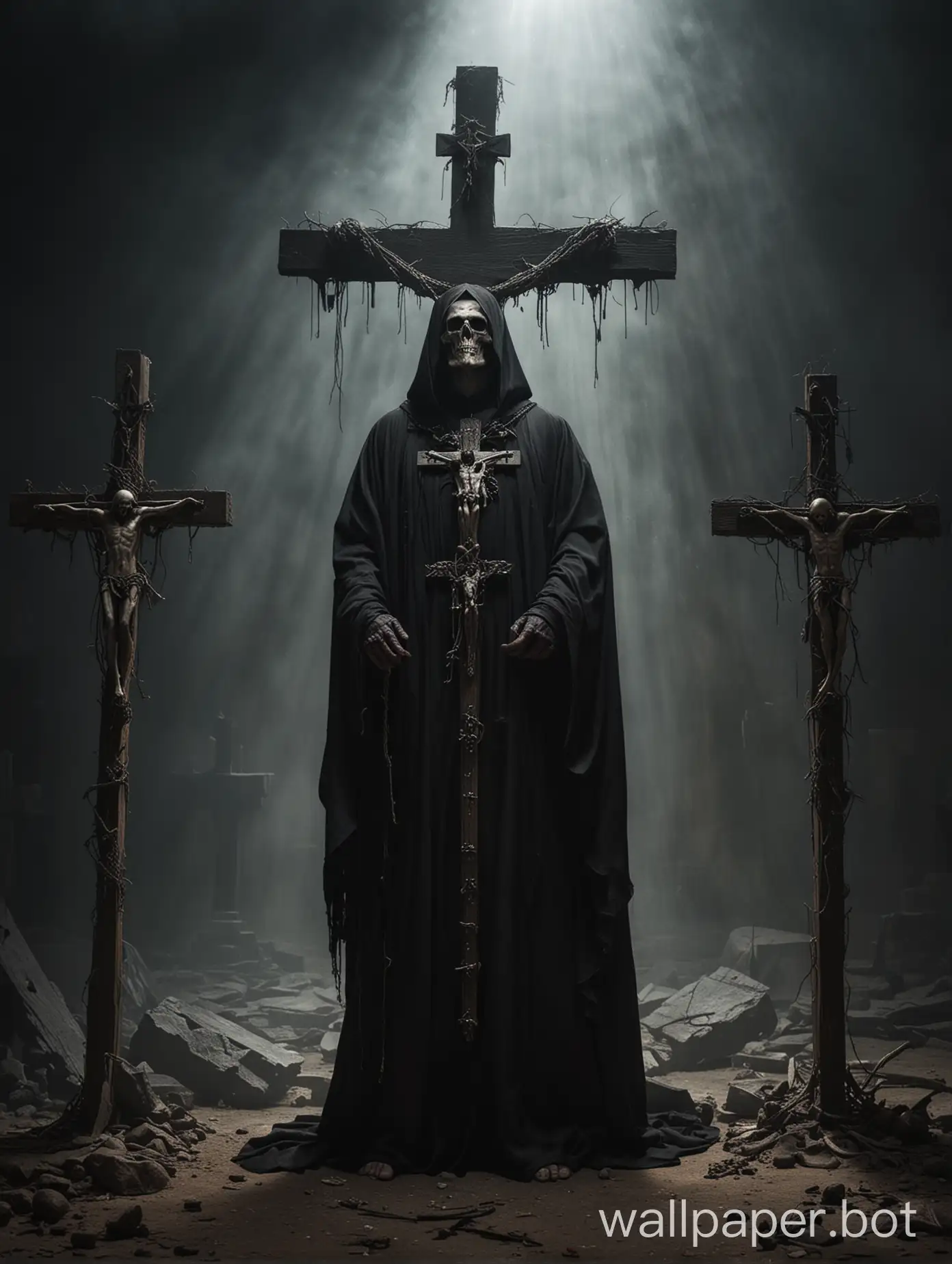 a man in a black robe standing in front of a cross,  male god of death, dark priest, by Tadeusz Pruszkówski, god of death, of the god of death,  necromancer, by Darek Zabrocki, holy inquisition , mystic symbols , dramatic light