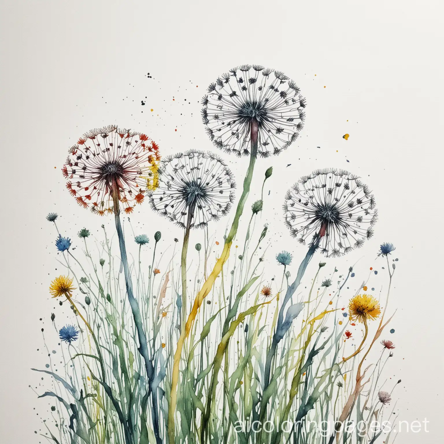 red, green, blue, yellow color dandelions in a field watercolor painting, Coloring Page, black and white, line art, white background, Simplicity, Ample White Space