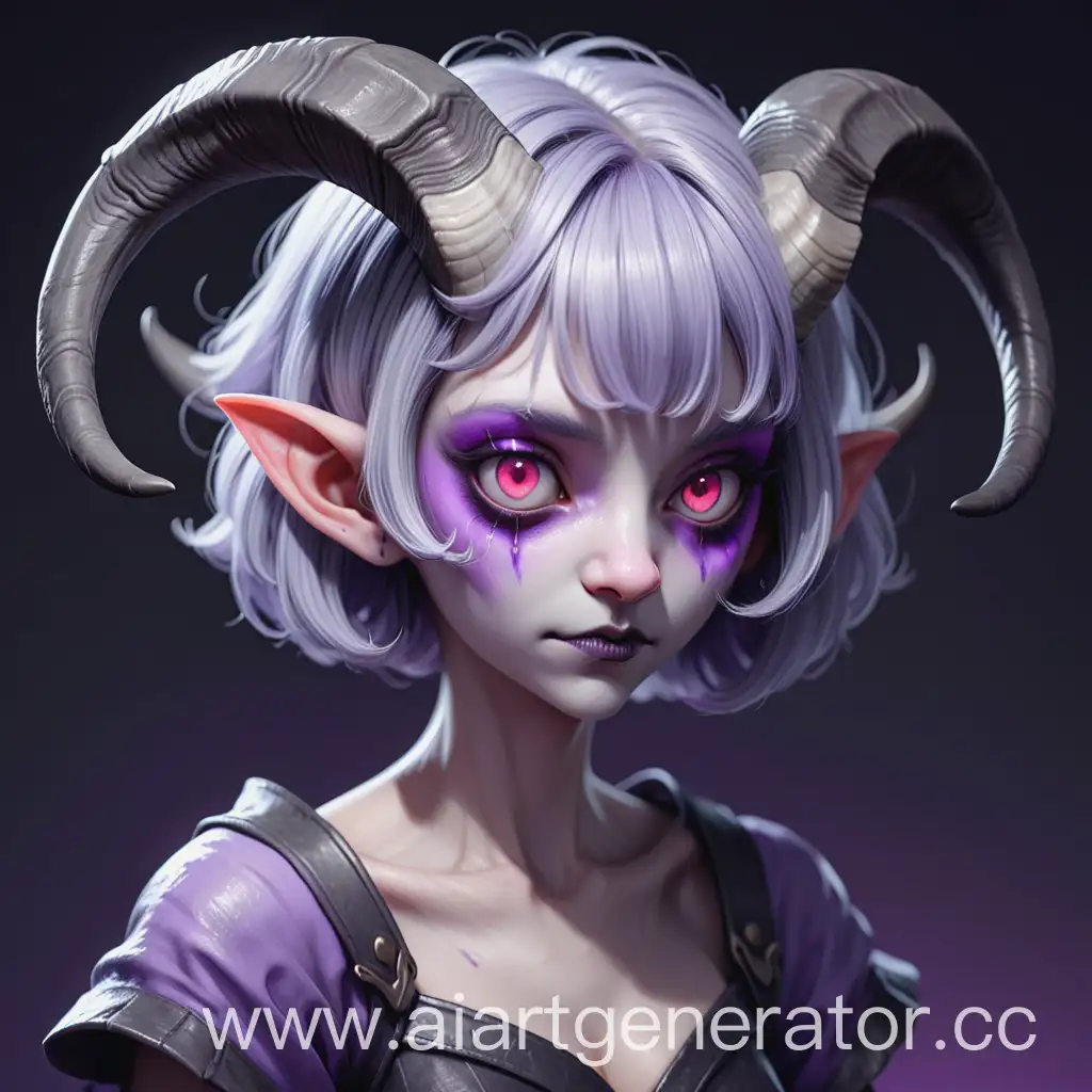 A shy demon with lavender skin, short gray hair and rounded ram horns