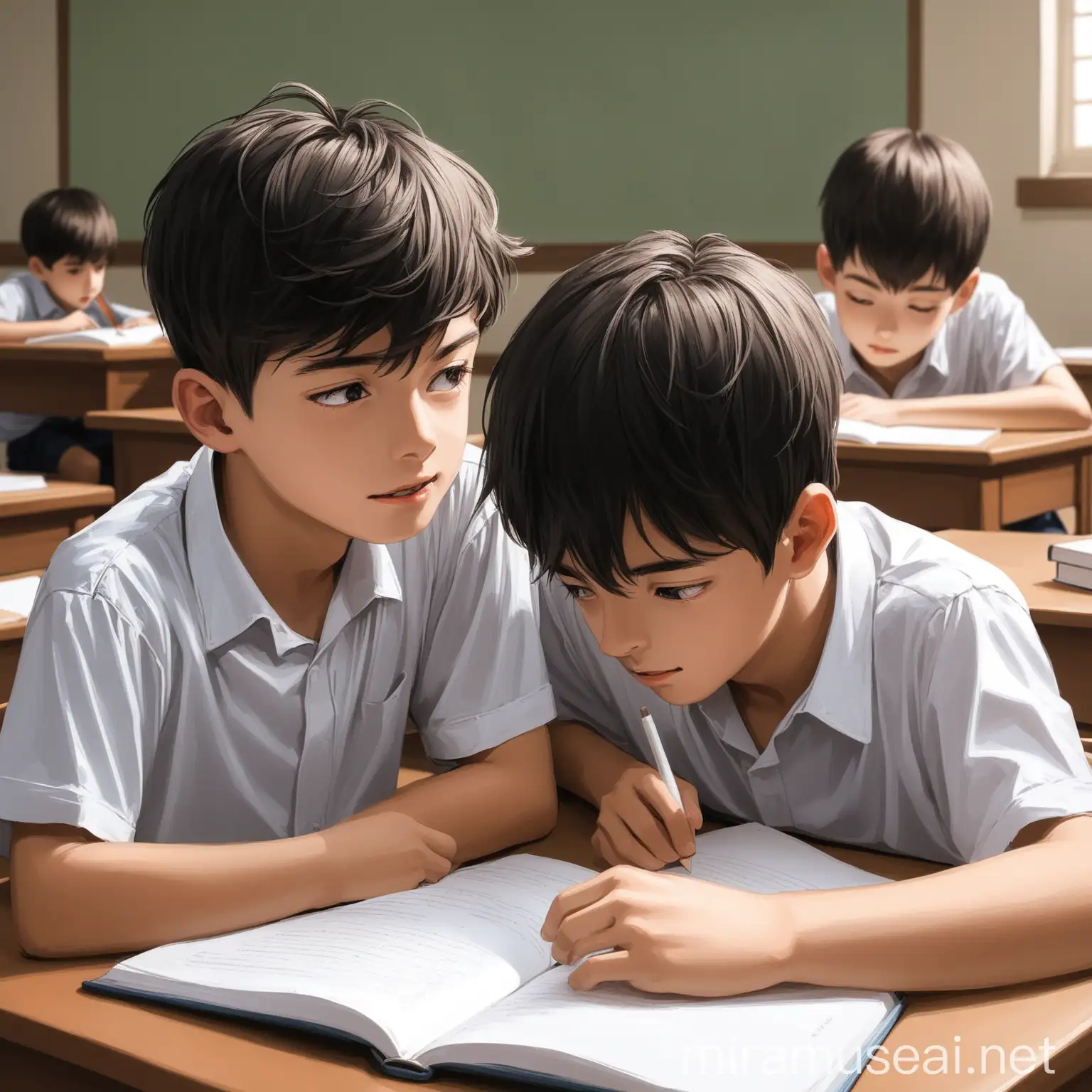Group of Boys Studying Together in a Bright Classroom Setting