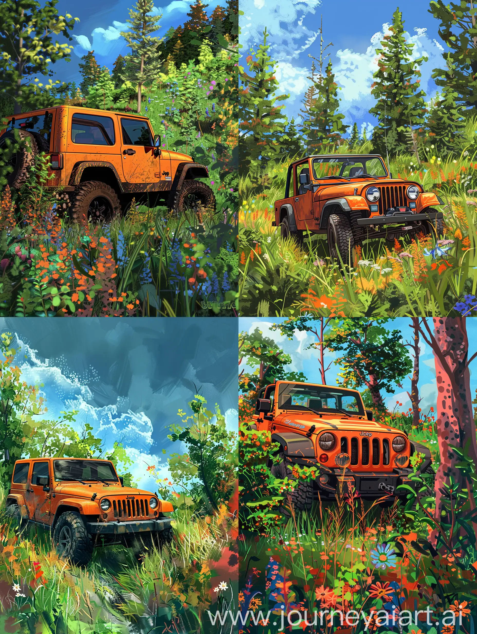 A digital painting of a orange off road car,jeep, parked on the,Meadow,vivid,Trees,grasses,different color of flowers