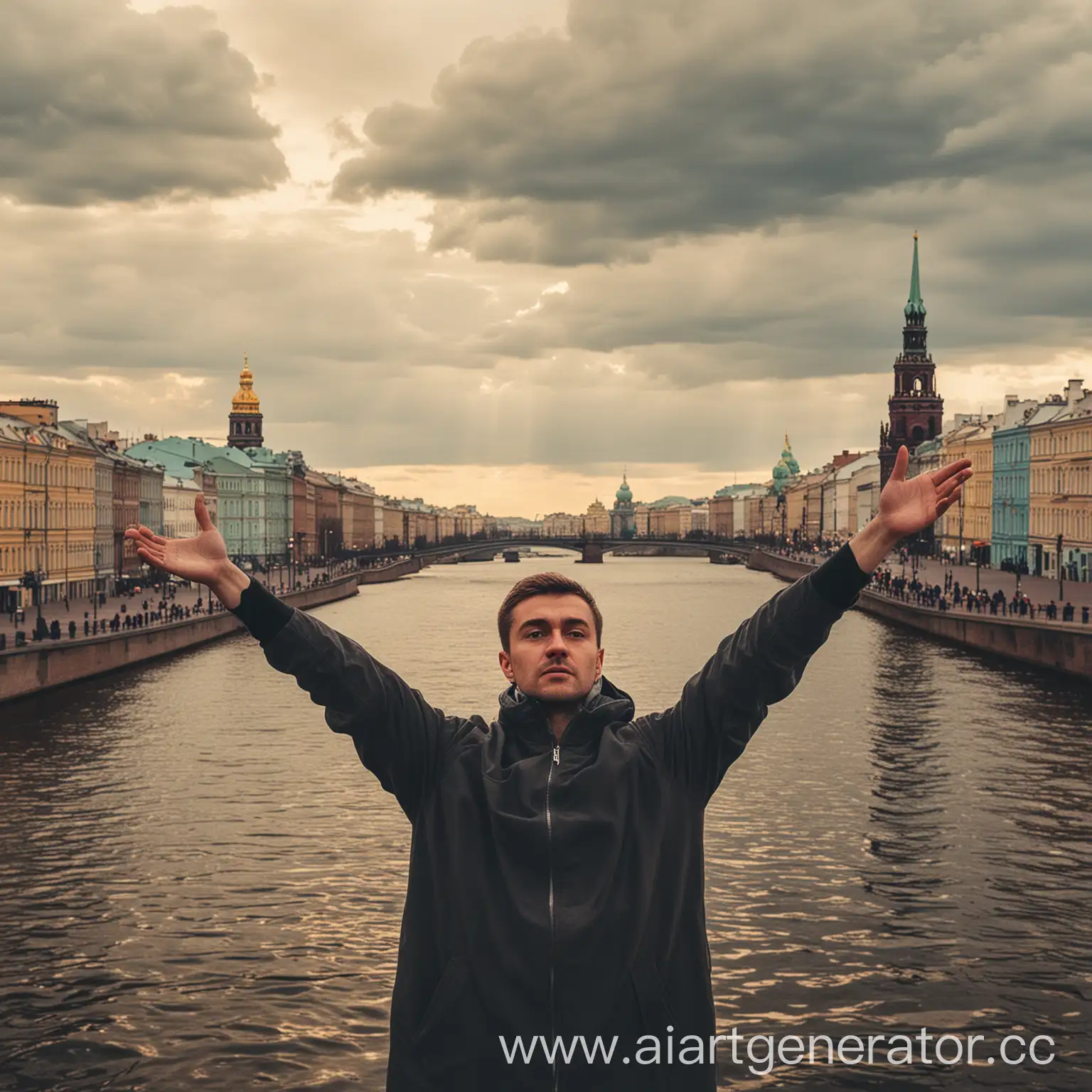 Мужчина с распростертыми объятиями на фоне Санкт-Петербурга лицом 
