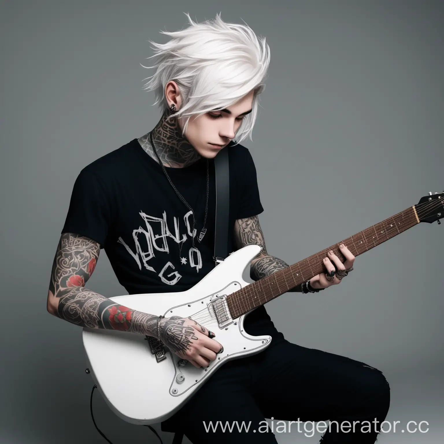 Tattooed-Guitarist-with-Unique-White-Hair