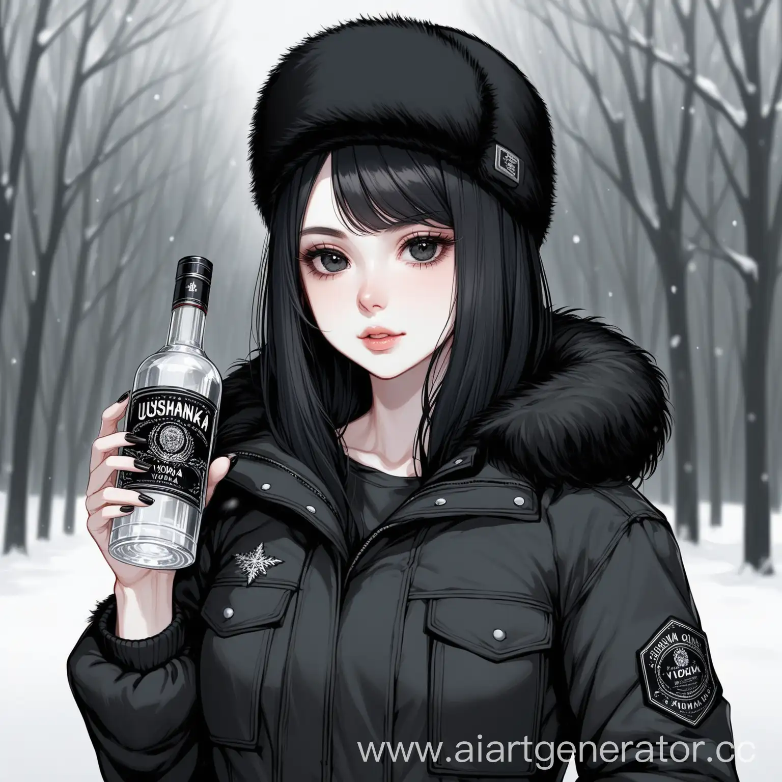 pale skin, shoulder-length black hair, black eyes, she is wearing a black winter jacket, an ushanka on her head, she holds a bottle of vodka in her hand.