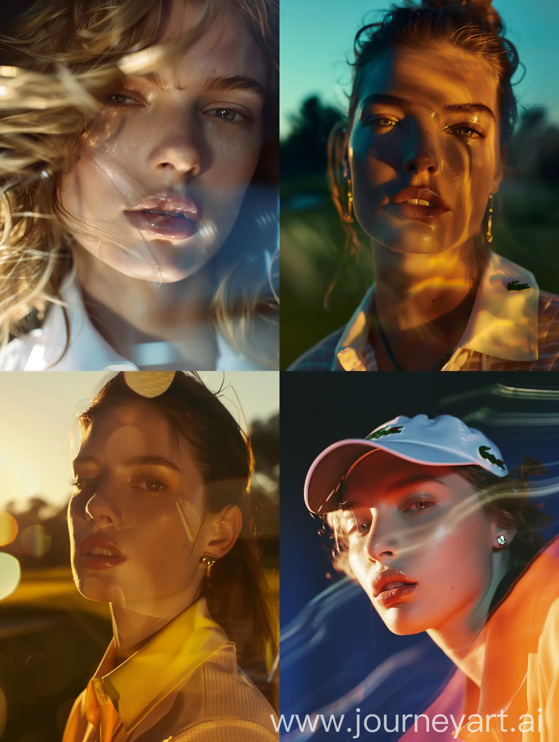 hyper realistic close up portrait models in Lacoste Modern GOLF Style fashion editorial, cinematic lut, exudes confidence, blending Lacoste Modern fashion with the unique atmosphere golf aesthetic, cinematic, very texture intricated details, camera haze, camera blur. high movement, night time