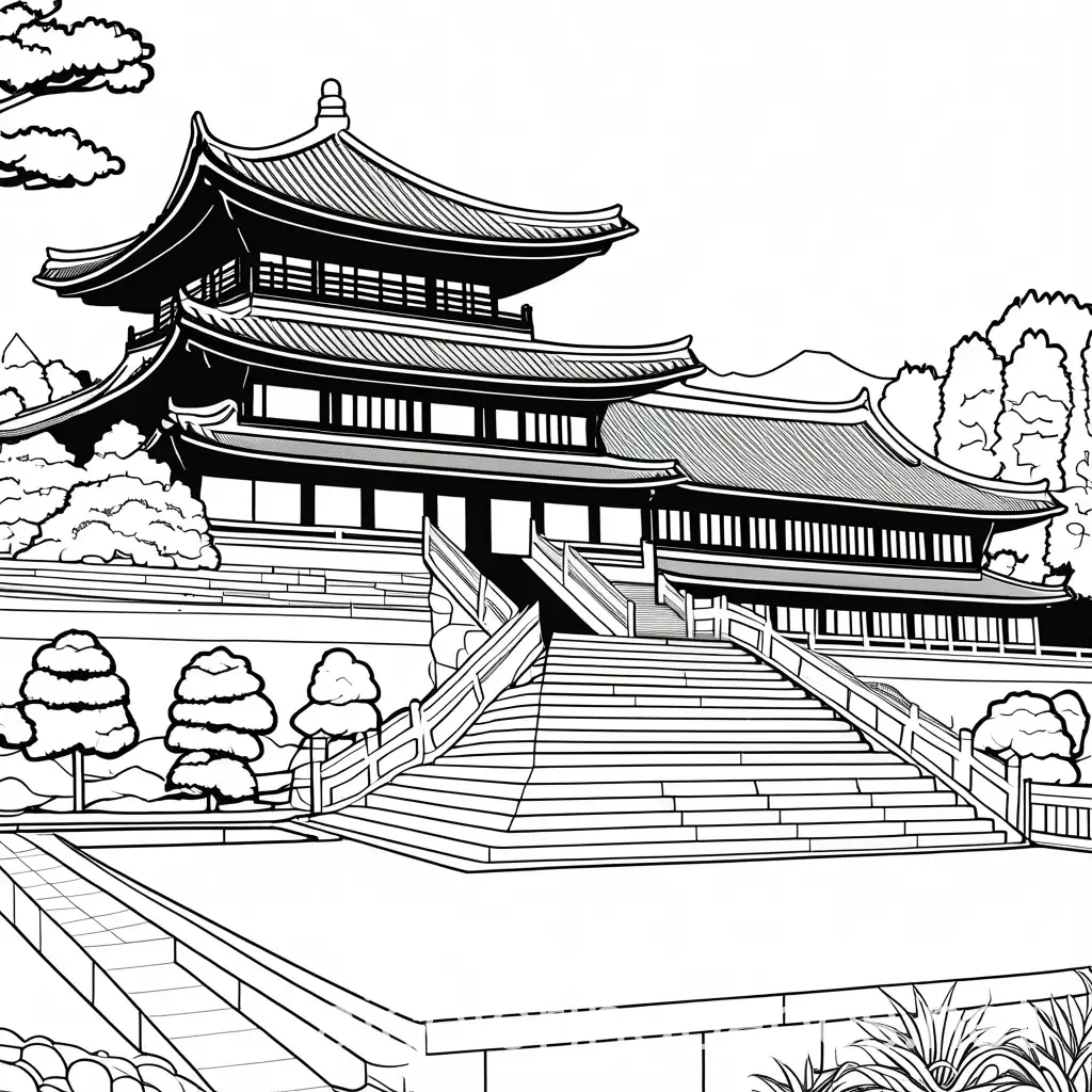 creae a coloring page of Gyeongju National Museum, easy to color, Coloring Page, black and white, line art, white background, Simplicity, Ample White Space. The background of the coloring page is plain white to make it easy for young children to color within the lines. The outlines of all the subjects are easy to distinguish, making it simple for kids to color without too much difficulty