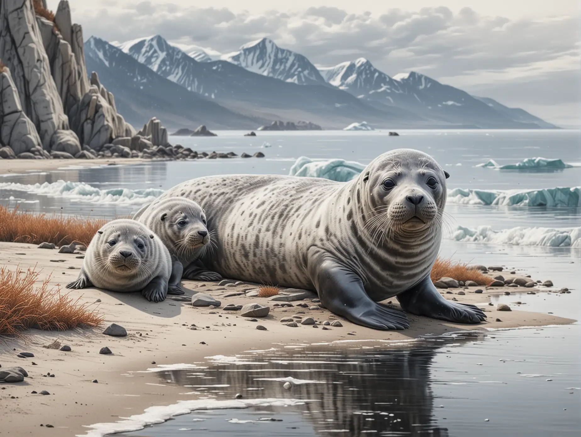 Detailed-Pencil-Drawing-of-Baikal-Seal-and-Cub-on-Shore