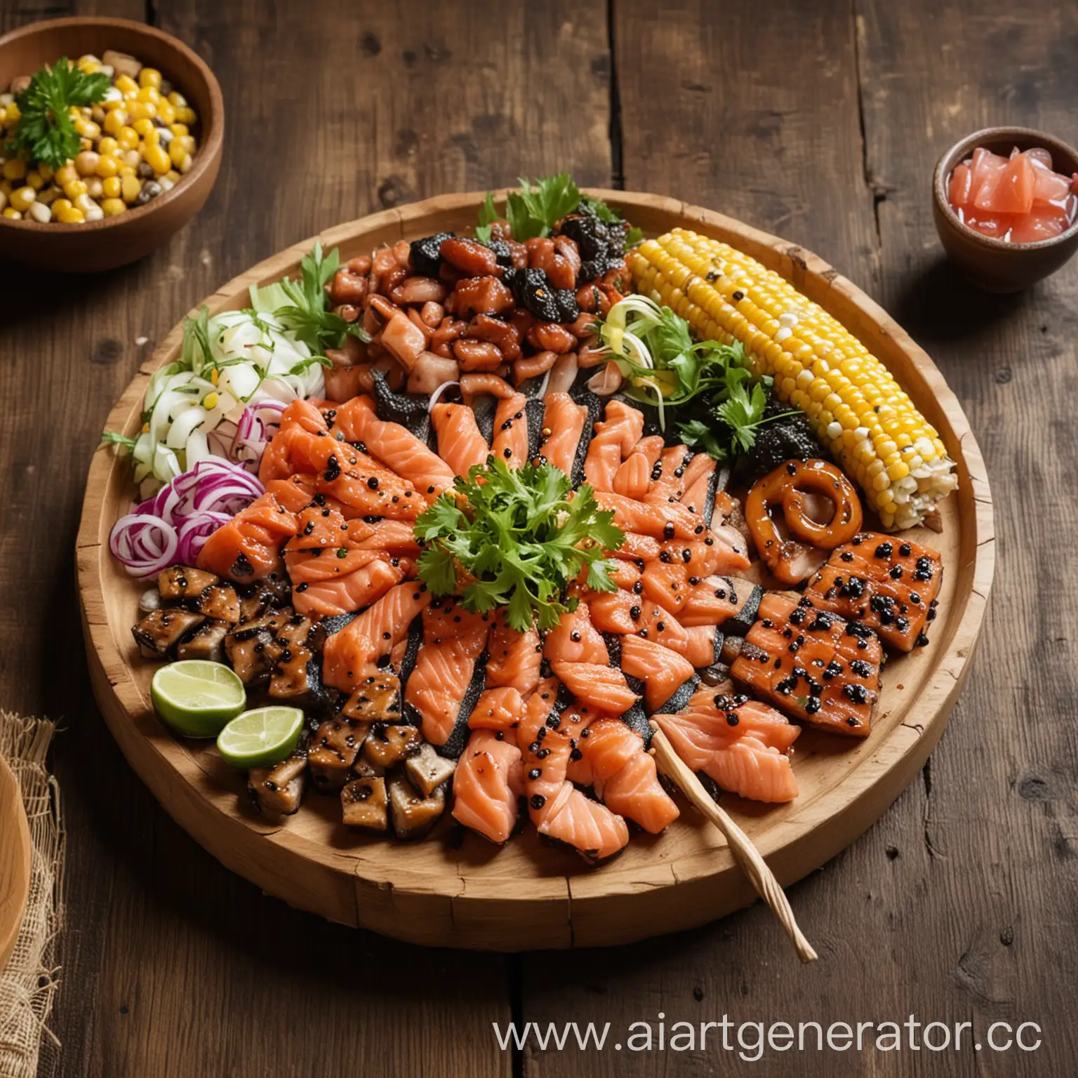 Exquisite-Poke-Bowl-with-Salmon-and-Eel-on-a-Wooden-Plate-in-a-Stylish-Loft-Setting