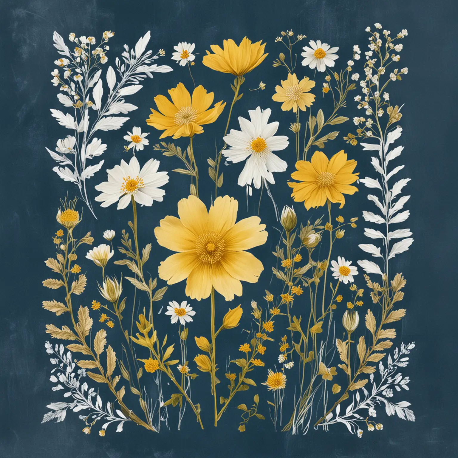 Boho Yellow and White Pressed Flower Print on Blue Background