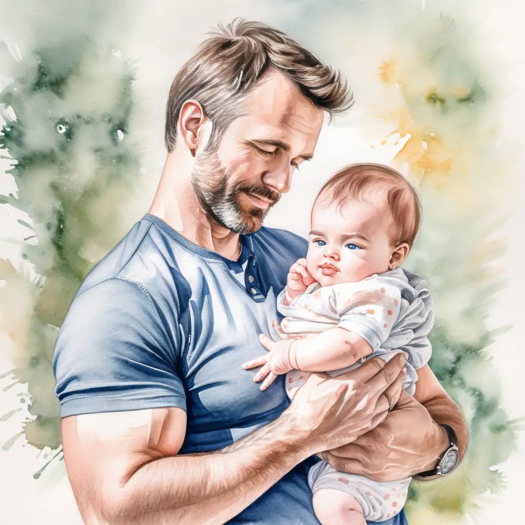 Handsome Dad Holding Baby in Watercolor Portrait
