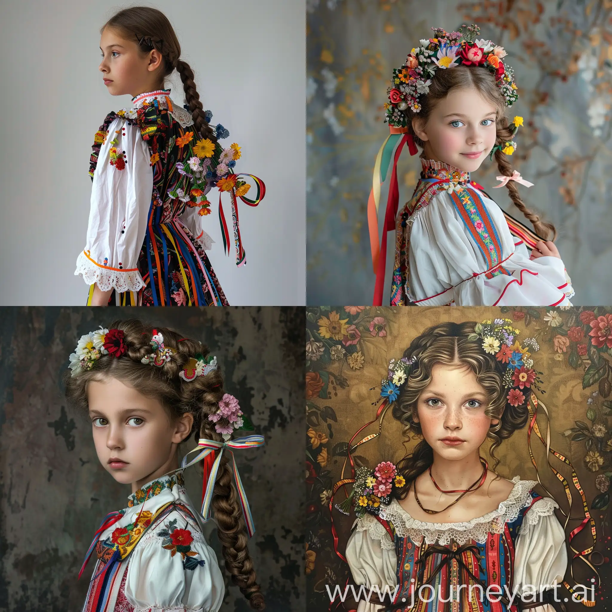девушка в народном платье с цветами и лентой через плечо