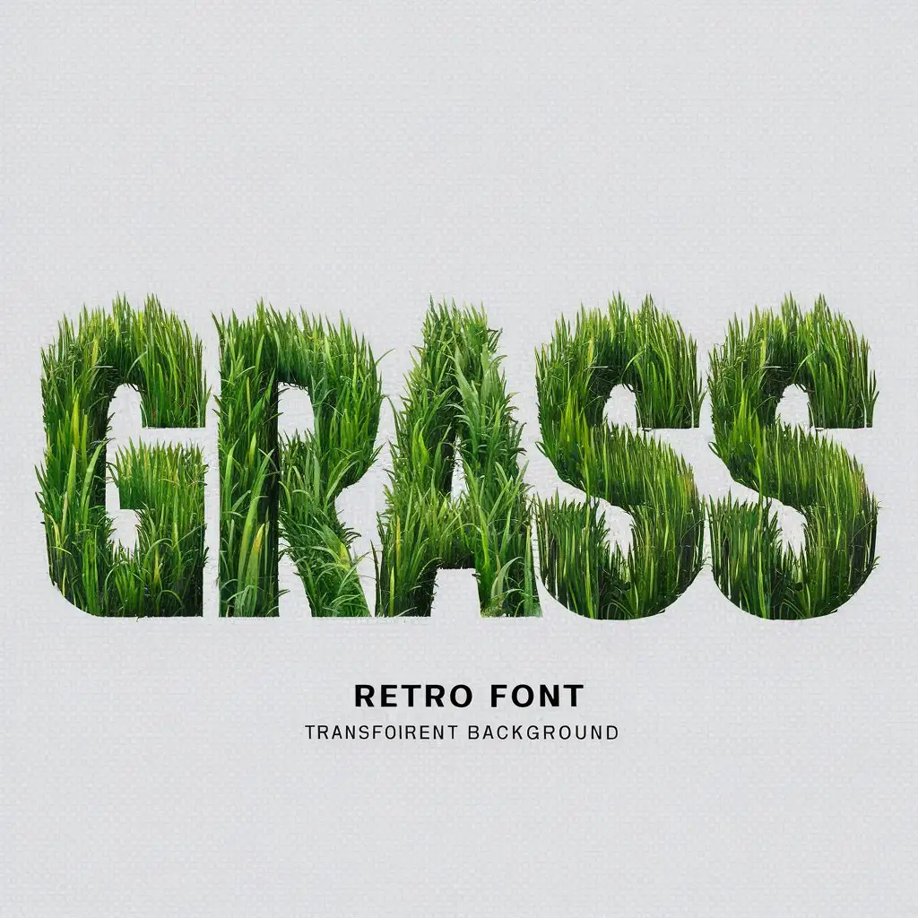 Digitally transform the word GRASS into an retro font made of grass, in green colour, with a perfect and complete font. The image should be a PNG with a transparent background, and nothing else should appear except the word GRASS.