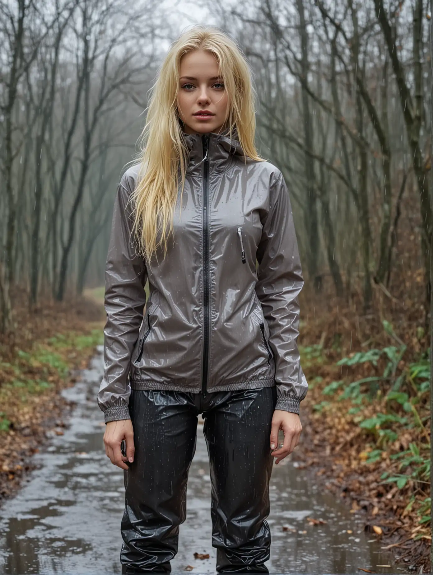 Blonde girl in tight nylon rain pants, hoodie, from head to toe, 4K Resolution