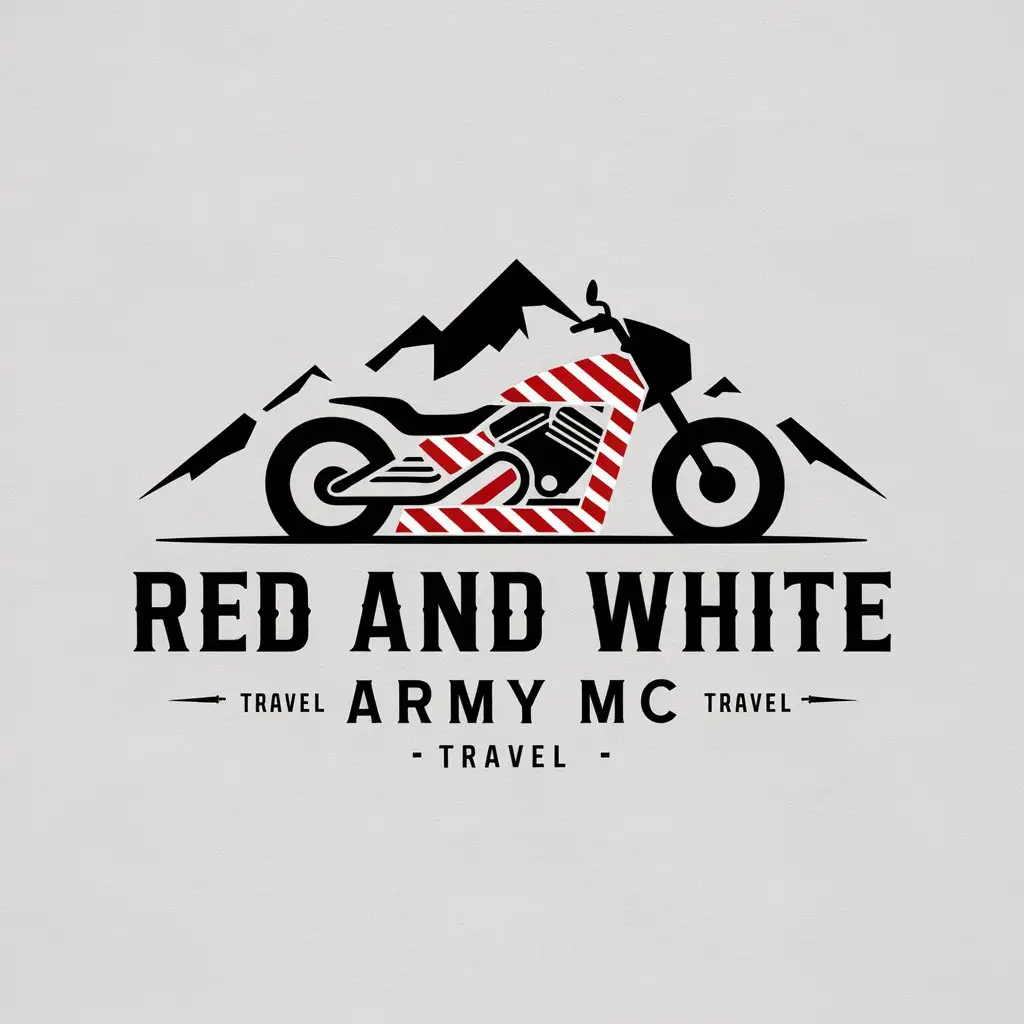 a logo design,with the text "red and white army mc", main symbol:motocycle, mountain,complex,be used in Travel industry,clear background