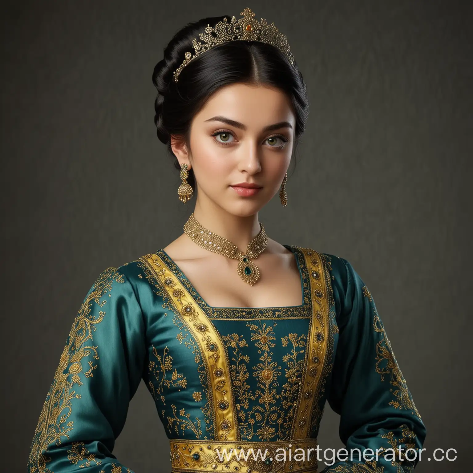 Young-Woman-in-Blue-Satin-Dress-with-Yellow-Embroidery-Magnificent-Century-Realistic-Portrait