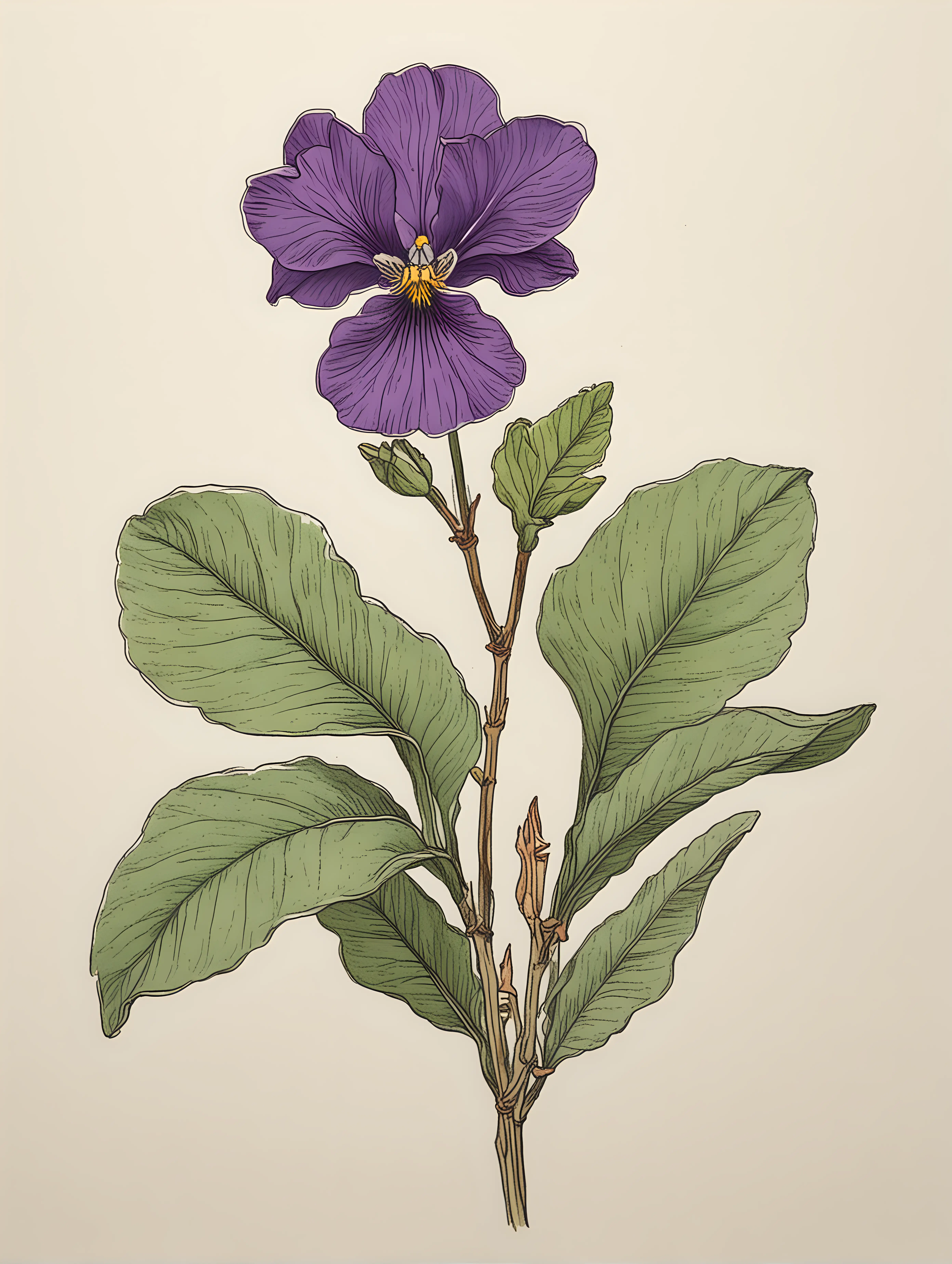 simple line drawing of a violet with leaves colored in and  in john Audubon style
