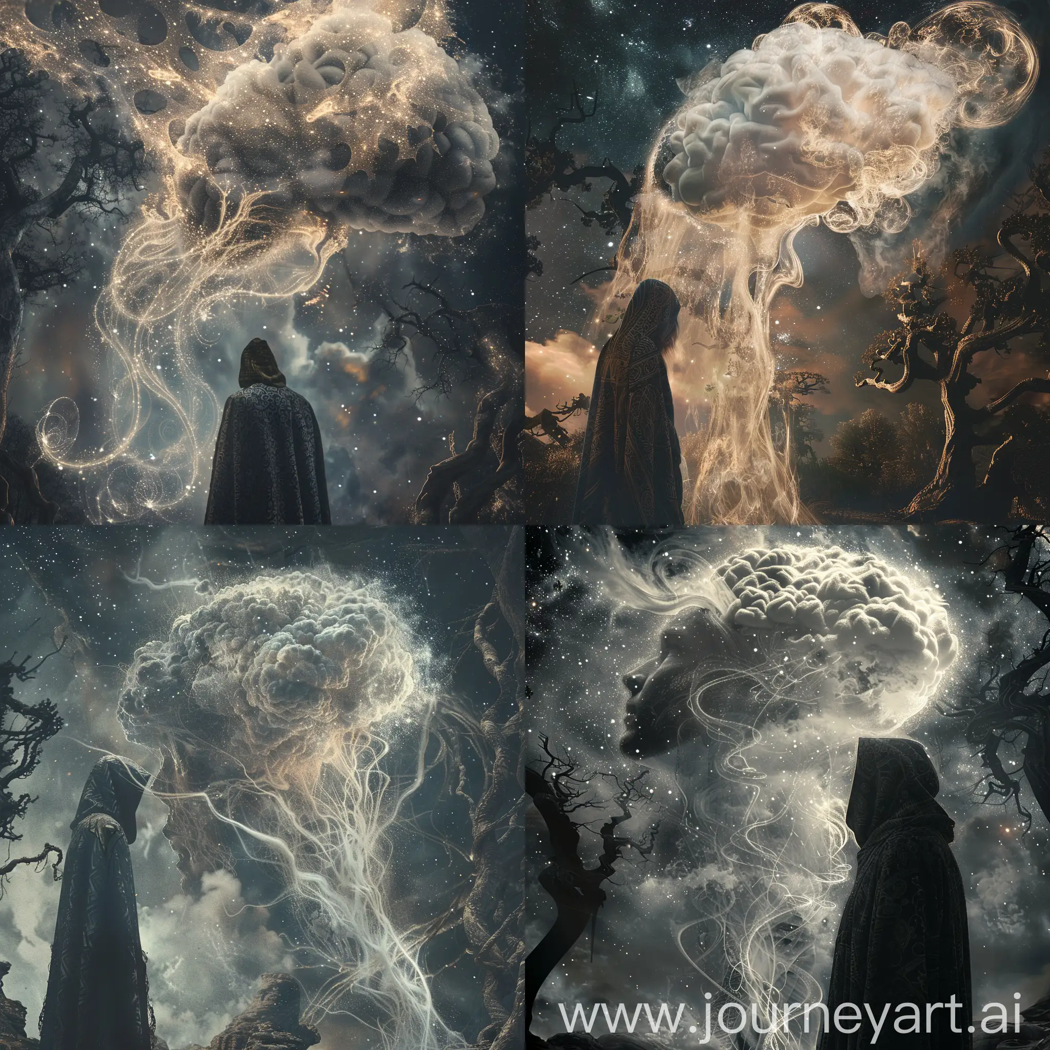 A stunning double exposure image featuring a hyperrealistic humanoid cloud, with tendril-like features extending towards a hooded man standing with his back turned. The cloud's ethereal form is a blend of mist, light, and shadow, creating a mystical and surreal atmosphere. The man appears to be a wizard or sorcerer, dressed in a dark and detailed robe with intricate patterns. The background is a blend of dark, starry skies and ancient, twisted trees, adding to the dark fantasy theme of the image. The overall composition is professionally rendered with incredible detail and depth., dark fantasy, 3d render, illustration, photo