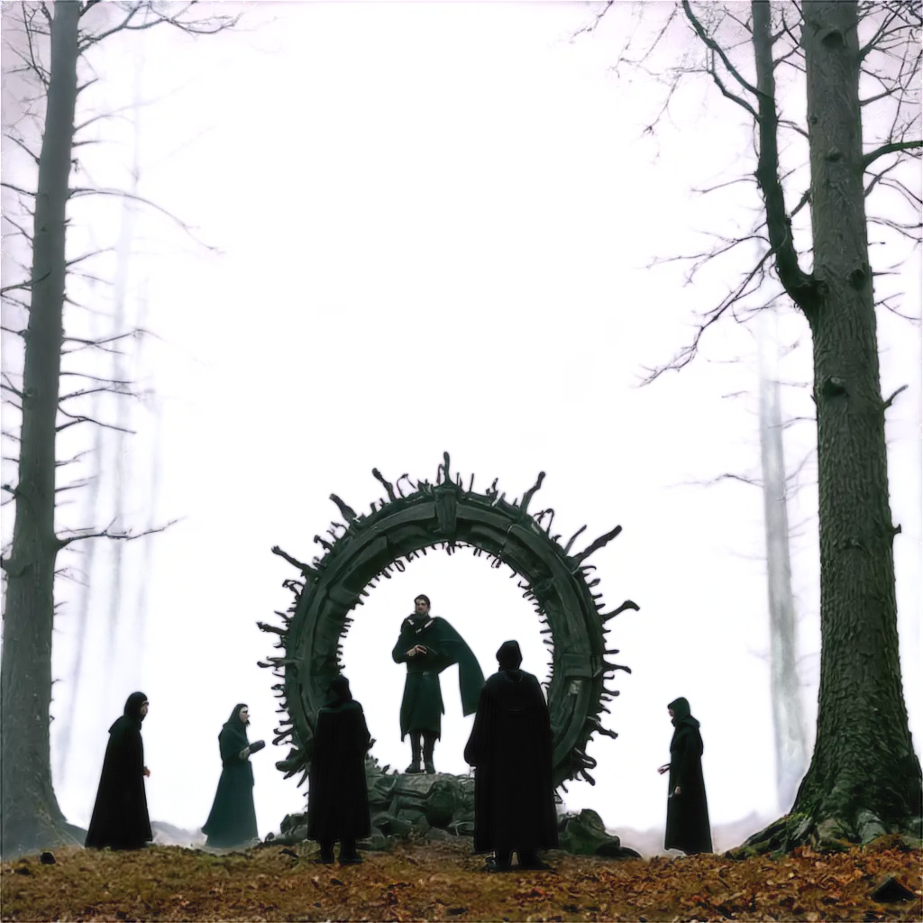foggy forest, with a evil looking portal, and a bunch of medival men standing around it