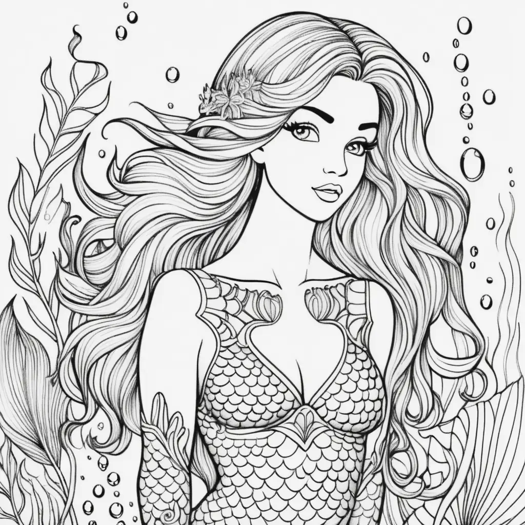 Mermaid Adult Coloring Page on White Background