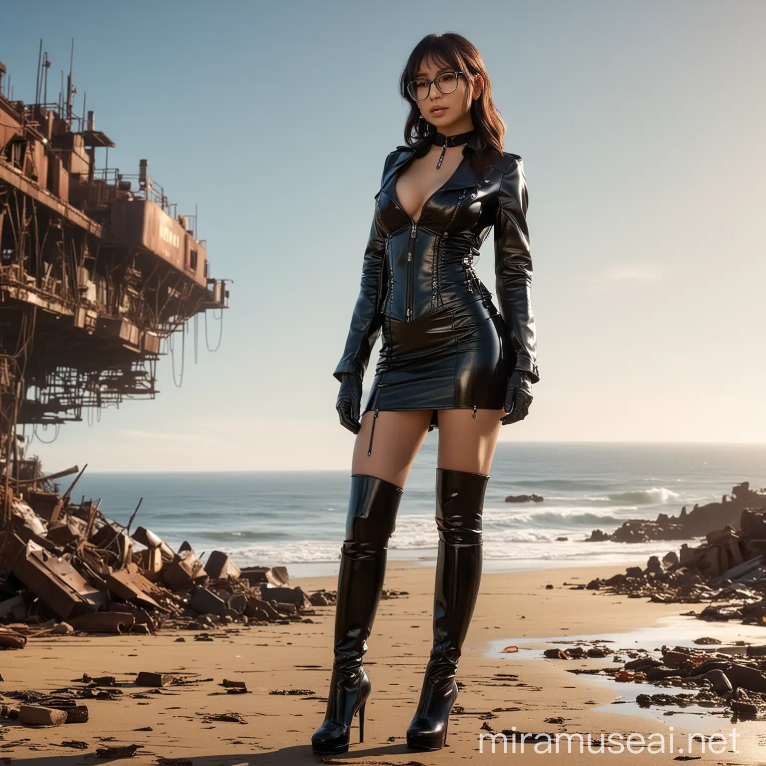 ichard, a man was playing Fallout on his PC when when he pressed the button he appeared in the game in Santa Monica State Beach he transformed into a woman Mia Khalifa's daughter with Hitomi Tanaka, wearing a latex corset,(( latex miniskirt)) ,((high heel boots above the thigh)), long latex gloves sleeveless(( open prickly jacket)) large round glasses and latex earrings, Fallout World Steampunk, Aiko has a striking appearance, combining latex elements from her two famous mothers. She inherited Mia Khalifa's expressive and captivating eyes, while her curvaceous and voluptuous figure is reminiscent of Hitomi Tanaka. Her hair is long and silky, with a dark brown tone that stands out in the sun. She has an imposing and confident presence, but also radiates an aura of elegance and charm with a beautiful smile, as she walks in a sexy way towards the camera showing her entire body , in a setting destroyed by radiation, all rusty and full of metals, with the sea in the background,,epic masterpiece, cinematic experience, 8k, fantasy digital art, HDR, UHD. This contrast between the fantastical character and the more traditional color scheme and elements gives the piece an intriguing narrative quality. Model Is crouched down looking at camera, with one leg extended outwards toward the camera. old junkyard,,((wearing a latex backpack))