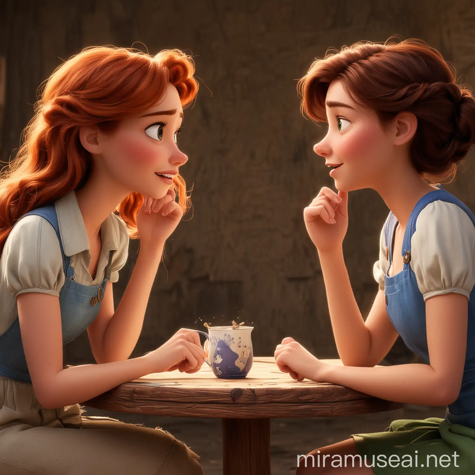 Two women are engaged in conversation，disney pixar style