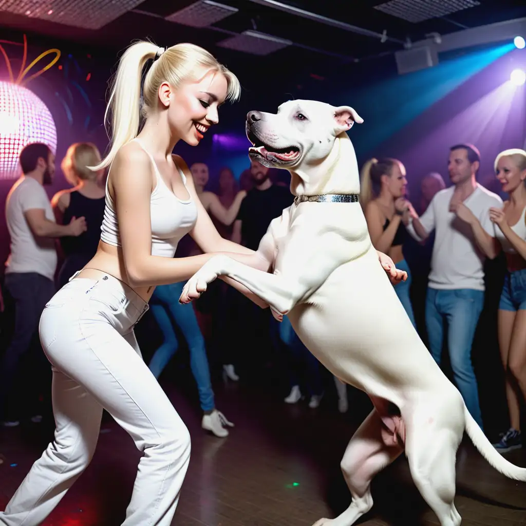 25 year old blonde girl with a ponytail dancing with humanized white Dogo Argentino in a disco
