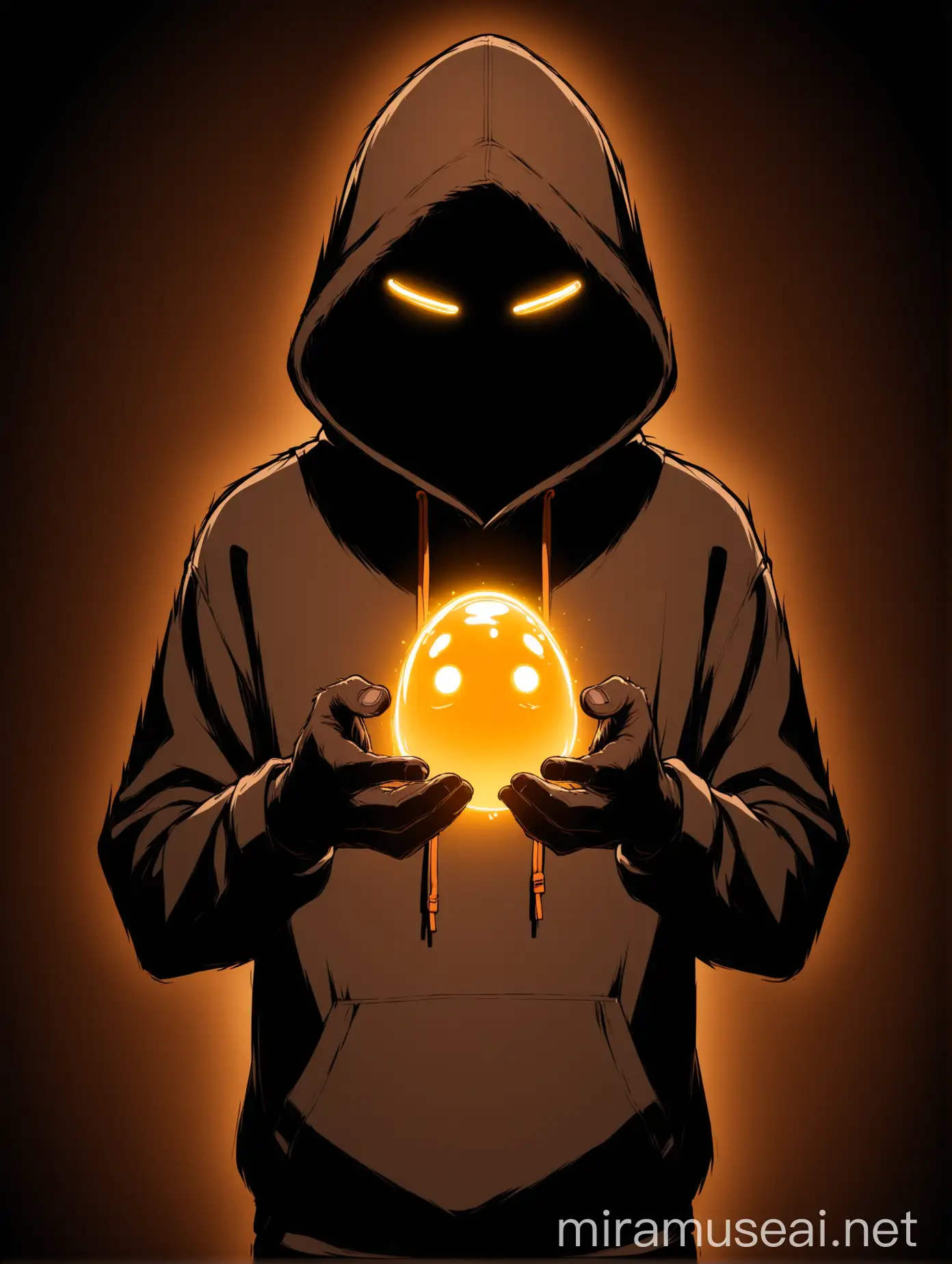 Dark mysterous figure with a hoodie, face is hidden, only smirk can be seen, he's holding massive smelly poop with his 2 hands, frontal perspective, theme is brown-black, dark background with neon brown sigma energy, 